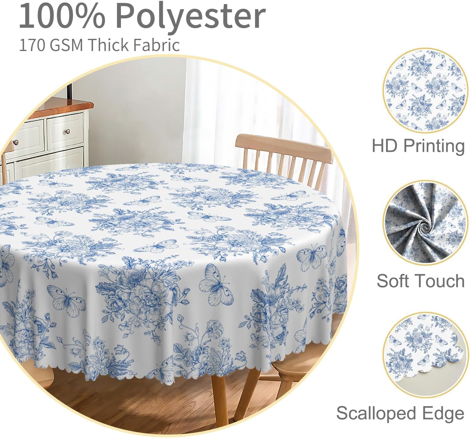 Blue Floral Round Tablecloth 70 Inch Rustic Butterfly Blue White Flowers Decorative Table Cloth Waterproof Stain Resistant Table Cover for Farmhouse Kitchen Dining Patio Picnic Party Decors