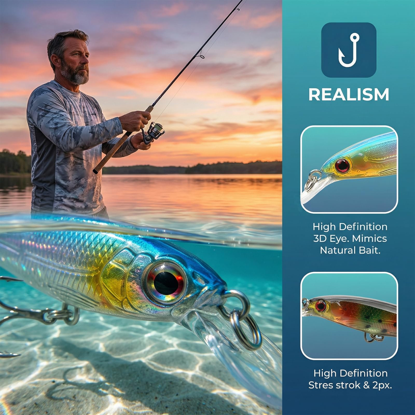 Kit de Señuelos de Pesca con Caja – 8 Piezas Señuelos Spinning Artificiales 3D Realistas para Trucha, Lubina, Perca y Black Bass – Accesorios para Pesca en Agua Dulce y Salada — view 3