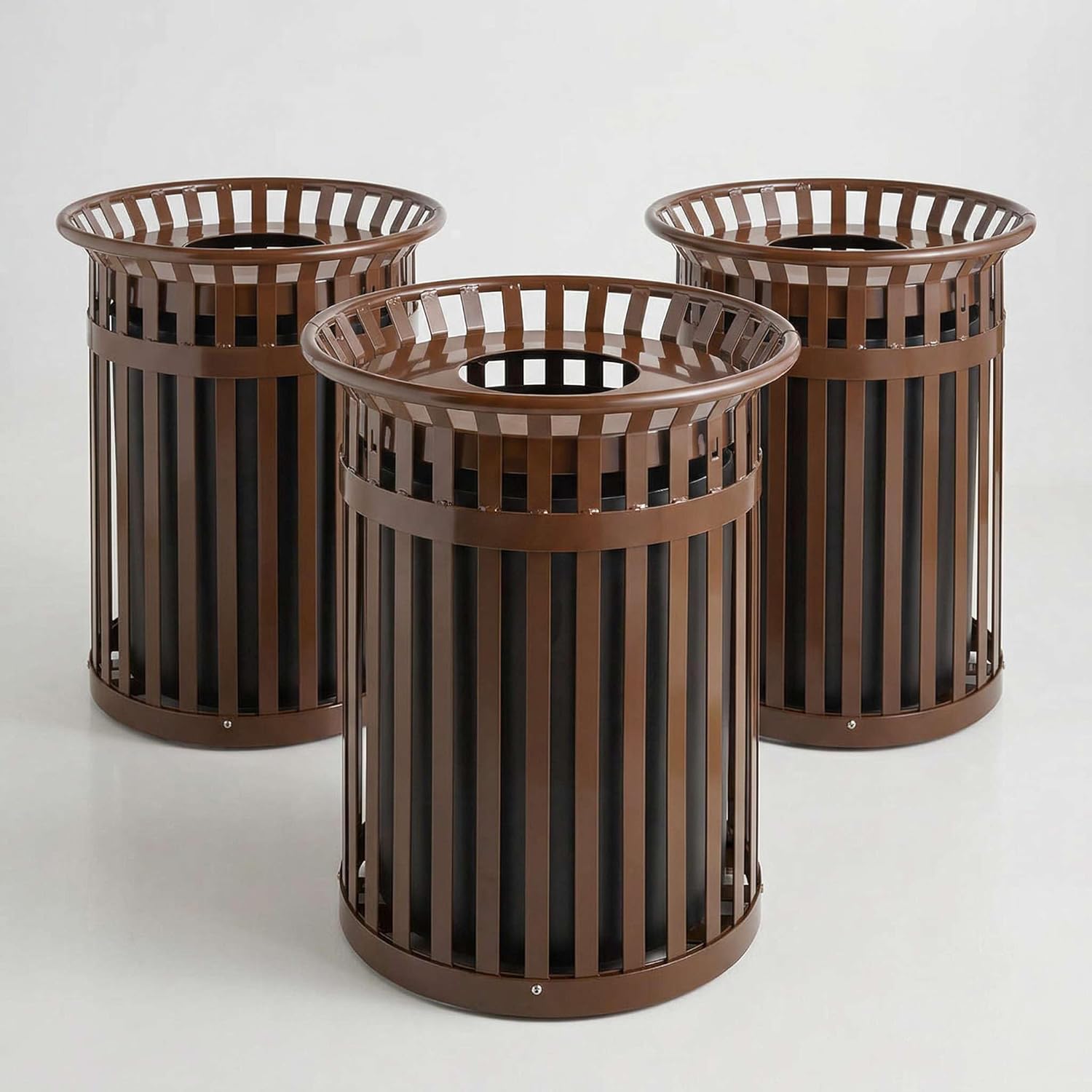 3 Pack 36 Gallon Commercial Heavy-Duty Trash Can - Brown Outdoor Steel Slatted Waste Receptacle with Flat Lid and Rigid Plastic Liner, Round Bin for Parks, Schools, and Municipalities