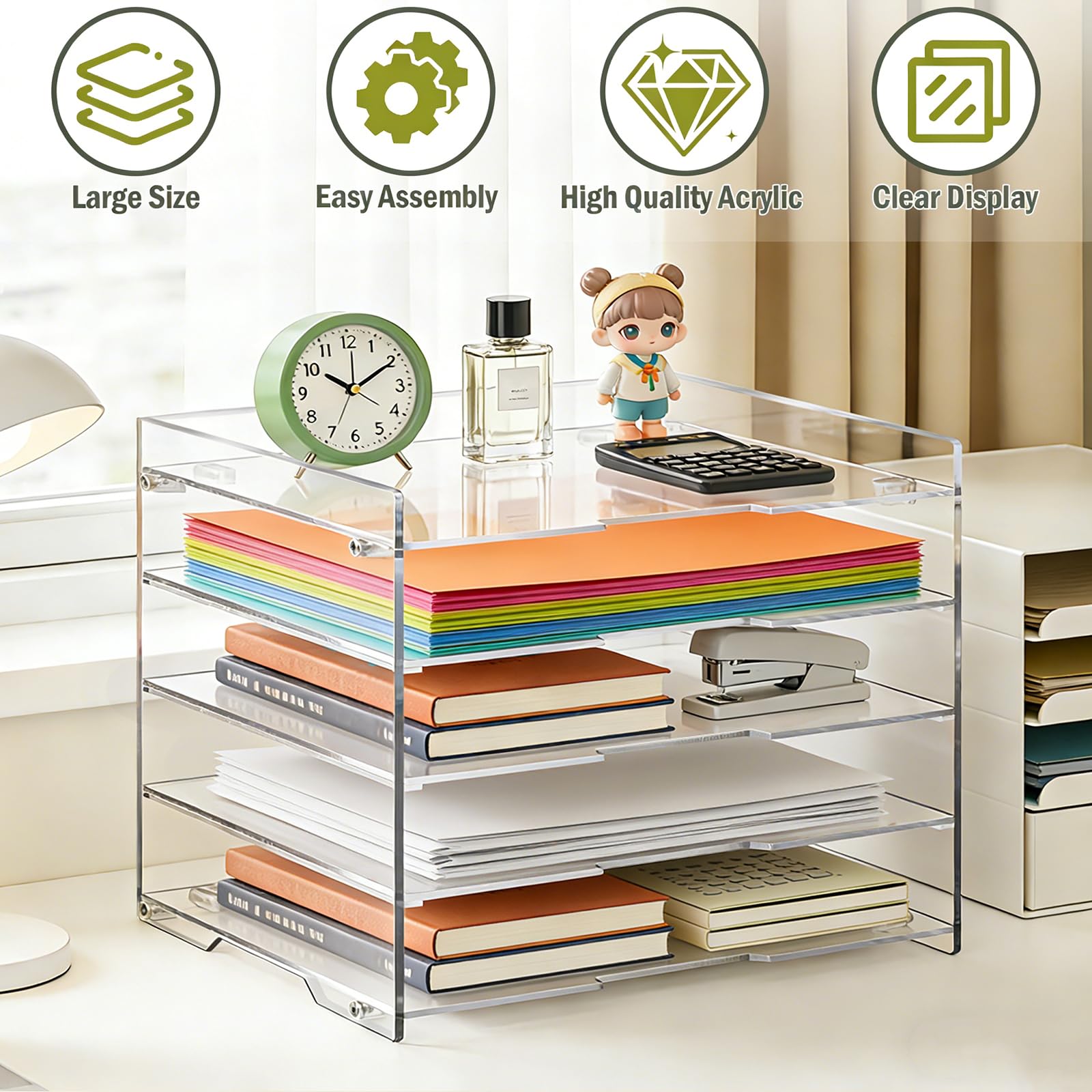 KKU Organizador de escritorio de acrílico transparente de 5 niveles, bandeja de cartas, organizador de escritorio y accesorios para suministros de oficina