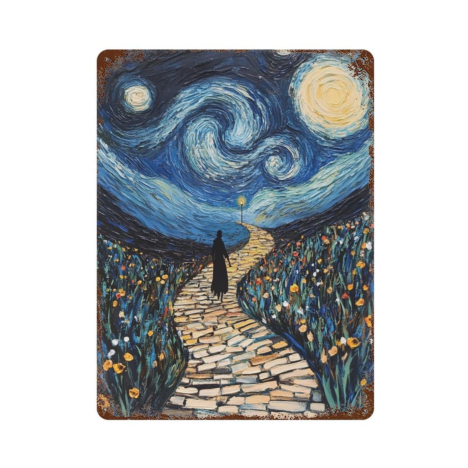 Starry Night Pathway Art Print 15.7"x11.8" Rust Effect Tin Sign, Old School Wall Decor for Pub, Kitchen And Man Cave Decor