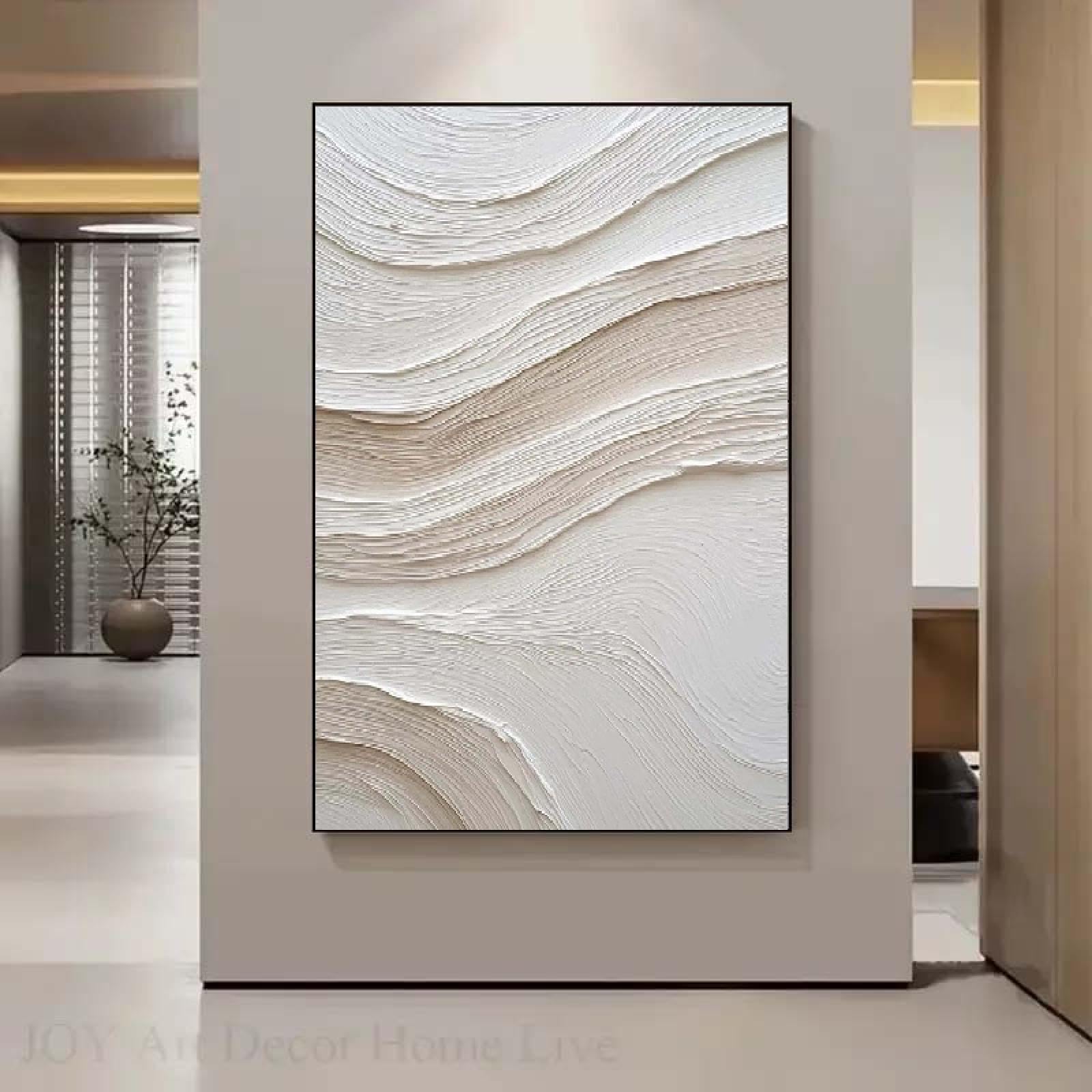 Abstraite Beige Blanc Peinture À L'huile Sur Toile Mur Art Moderne Minimalisme Affiche Tableau Image sur Toile Pour Salon Chambre Décoration Murale 60x80 cm Avec Cadre