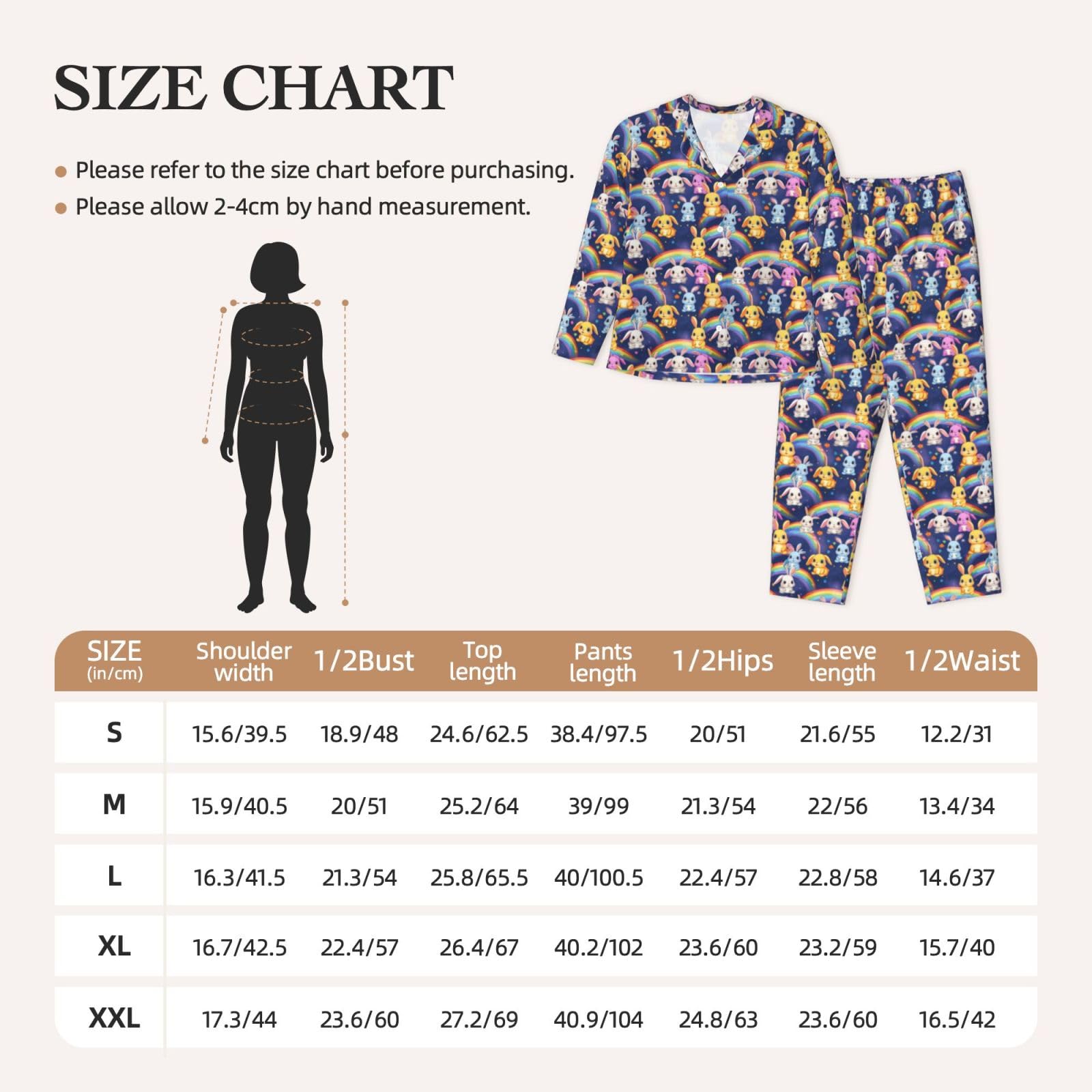 Pigiama a maniche lunghe da donna con stampa di coniglio arcobaleno Set Lounge Sleepwear Accogliente Nightwear Loungewear tutti i giorni