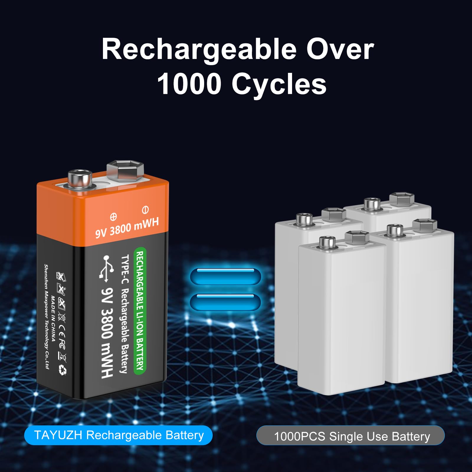 Lot de 6 batteries rechargeables 9 V 3800 mWh 9 V au lithium haute capacité pour détecteurs de fumée, microphones, systèmes d'alarme, jouets, lampes de poche, appareils médicaux, etc