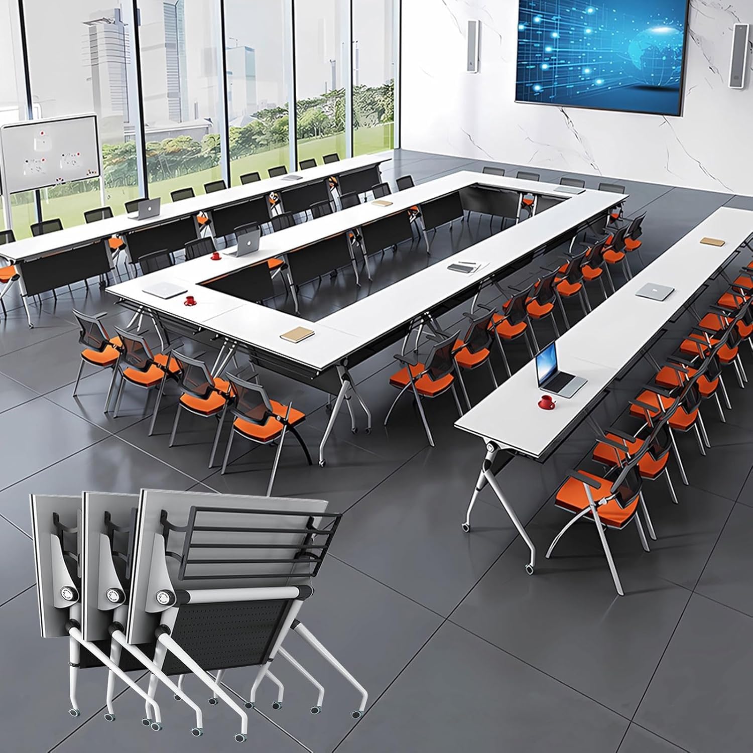 Modułowe składane biurko, zestaw 4 sztuk, z zamykanymi kółkami, stołów konferencyjnych do sal konferencyjnych i szkoleniowych (140 cm) wszechstronne wzornictwo oszczędzające miejsce