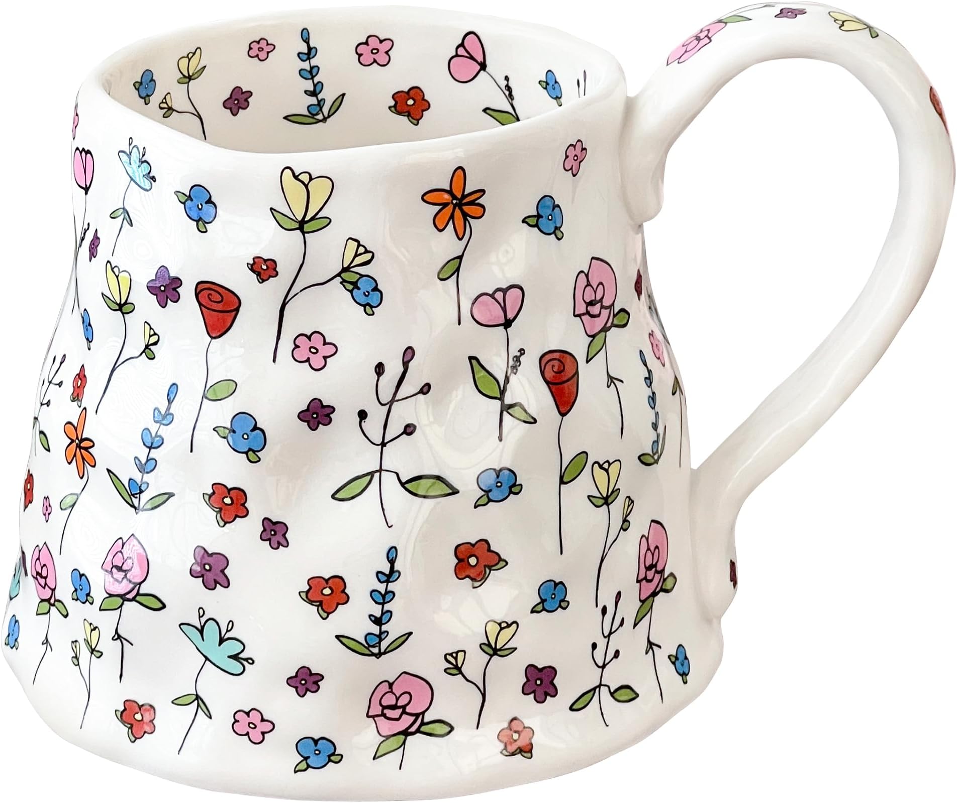 Large Ceramic Coffee Mug Cute Flower with Handmade Big Handle, 20oz Girly Pink Floral Tea Cup for Women Mothers Day, Novelty Irregular Oversized Christmas Mugs for Latte Tea Milk Cocoa