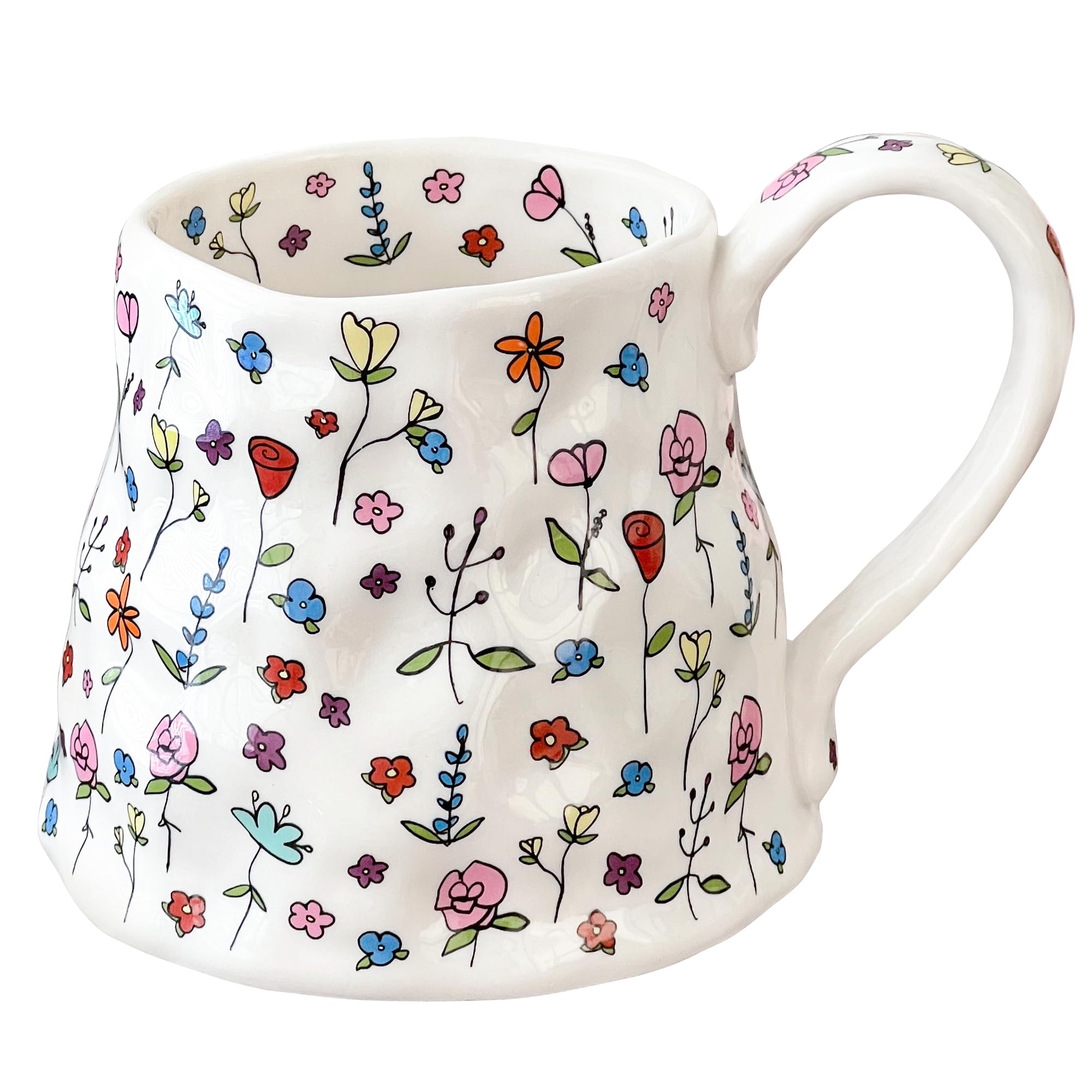 Large Ceramic Coffee Mug Cute Flower with Handmade Big Handle, 20oz Girly Pink Floral Tea Cup for Women Valentine Gift, Novelty Irregular Oversized Christmas Mugs for Latte Tea Milk Cocoa