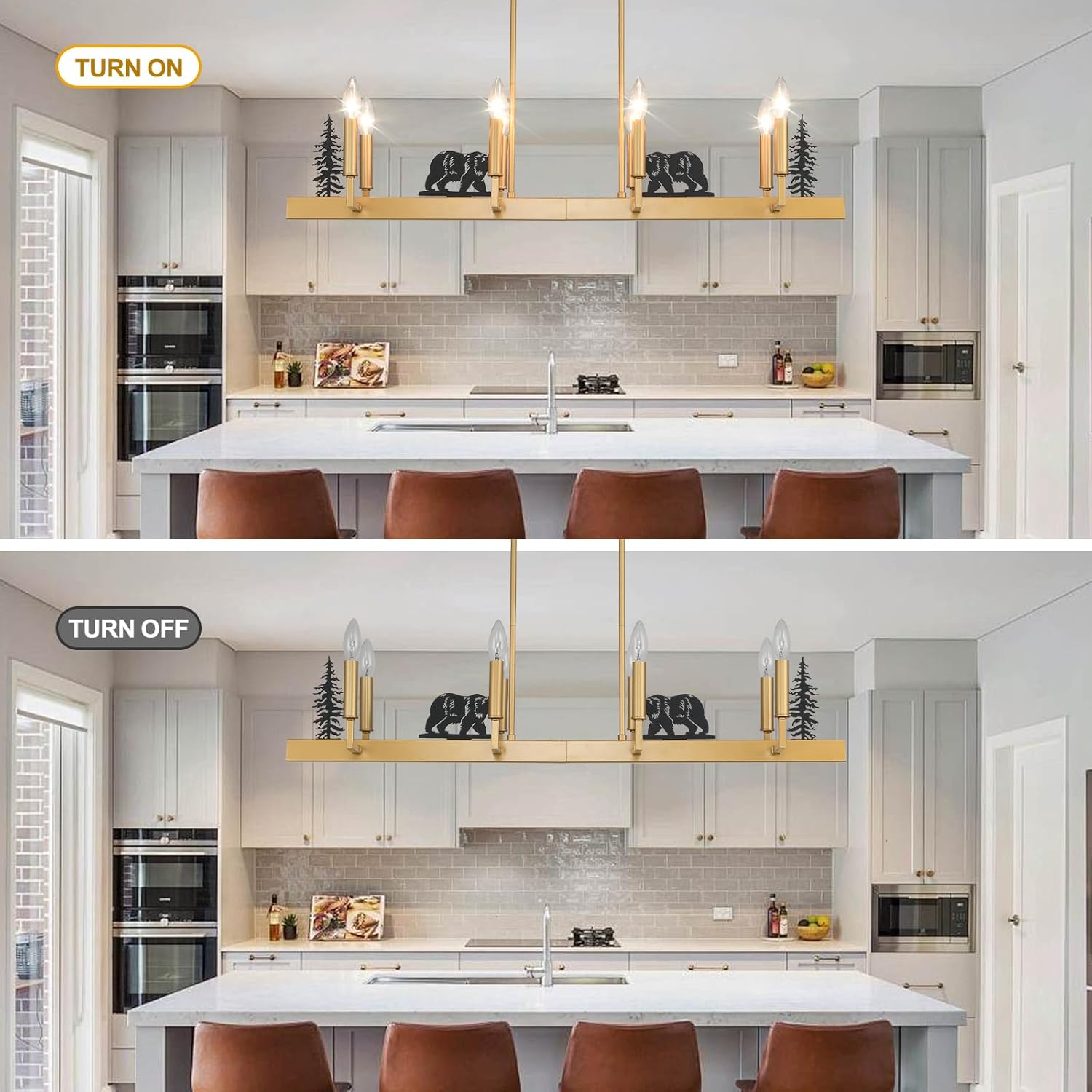 Gold Linear Chandelier, 8-Light Candle Style Farmhouse Iron Chandelier with Tree and Bear Design, Rectangular Chandelier Light Fixture for Dining Room Kitchen Island