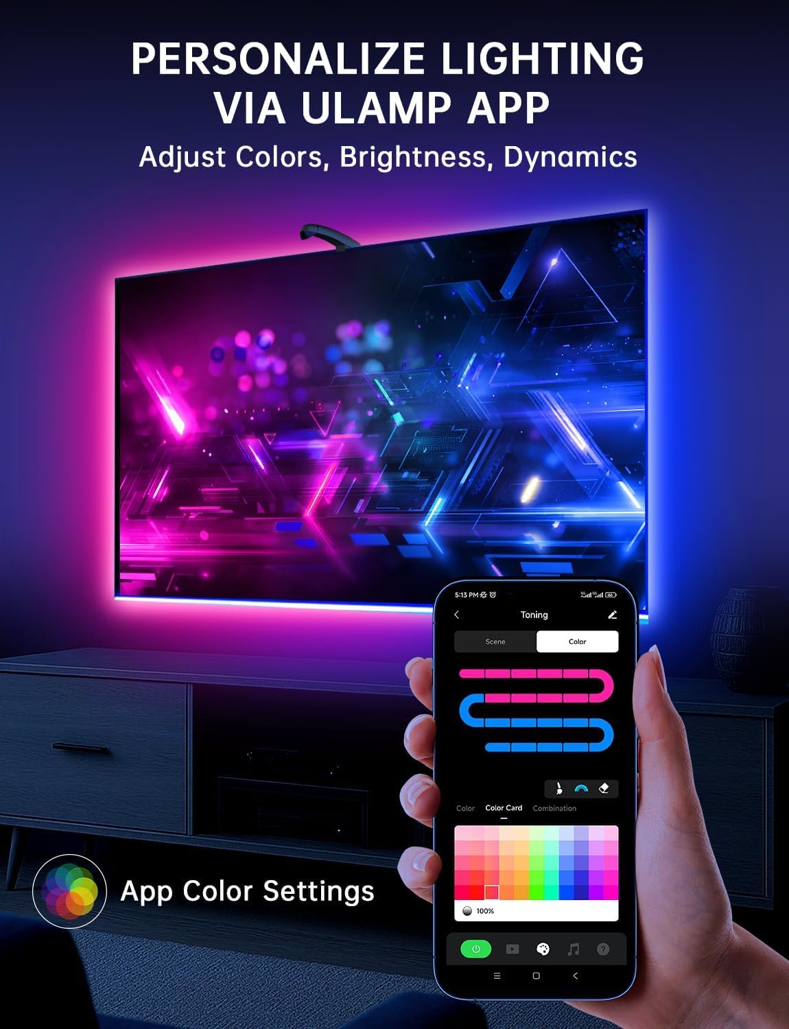QTU TV LED Backlight with Sensor, 14.7ft Cuttable RGB Strip Lights for 55-65 Inch Screen & PC Monitor, Smart App Control, Game and Music Sync Color That Changing - Image 5