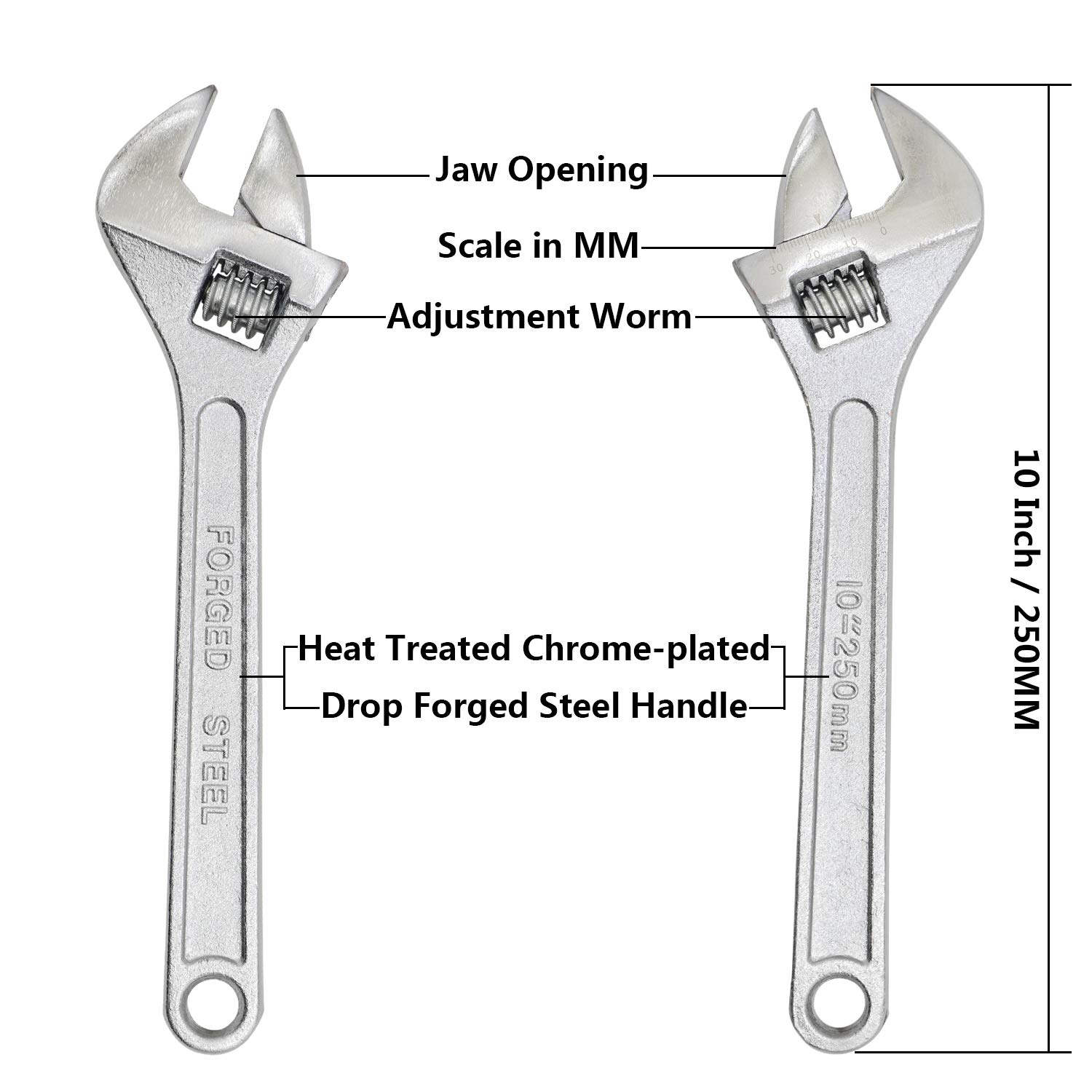 Dr.Luck 10 Inch Silver Adjustable Wrench, 30mm Wide Jaw Opening, Drop Forged Steel Heat Treated Chrome-plated, Professional Garage DIY Classic Proto Tools