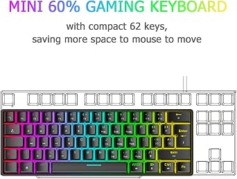 FELiCON RK-T60 Mini 60% Percent Gaming Mechanical Keyboard,Pro Compact 62 Keys UK Layout,18 RGB Illuminated LED Chroma Backlit, Detachable USB-C Wired Waterproof for PC Mac PS4 XBOX-Black/Brown Switch