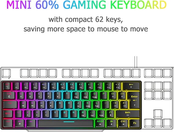 FELiCON RK-T60 Mini 60% Percent Gaming Mechanical Keyboard,Pro Compact 62 Keys UK Layout,18 RGB Illuminated LED Chroma Backlit, Detachable USB-C Wired Waterproof for PC Mac PS4 XBOX-Black/Brown Switch