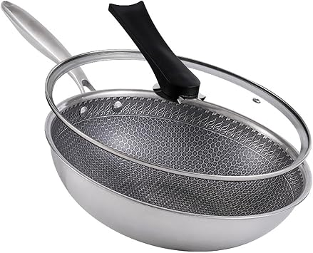 12.5-13 Inch Double Sided Honeycomb 316 Stainless Steel Frying Pan,Ontriple Layer Steel Uncoated Non-stick, Pan Less Smoke Flat Bottom,Cookware For Gas Stove,Induction Cooker,Electric StoveIts got a
