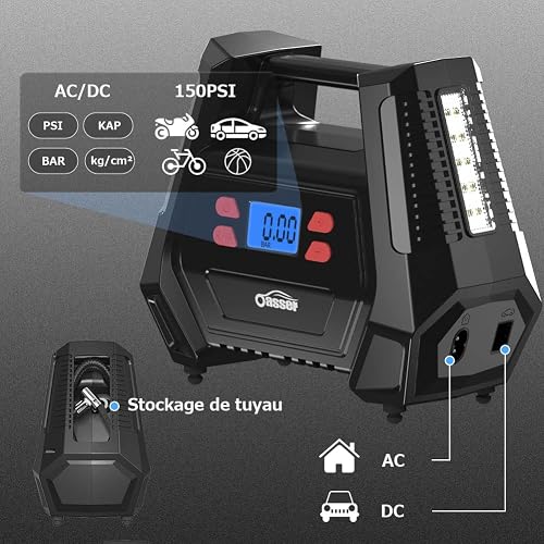 Oasser Tyre Inflator Air Compressor with 12V AC/240V DC car tyre Pump 150 PSI Mains Car Tyre Pump with Plug with 5 Nozzle Adaptors, LED Light Fits for Cars Motorcycles Bicycles - 2