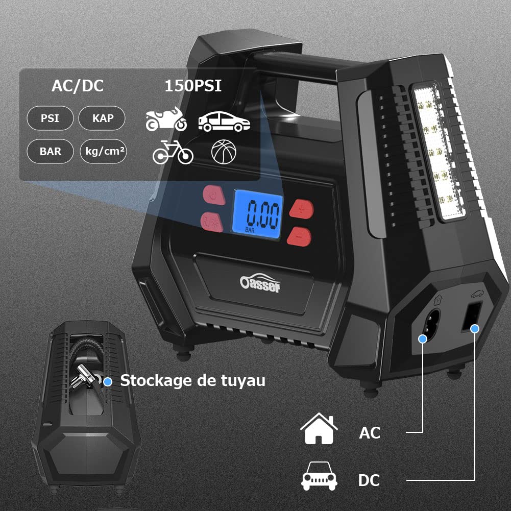 Oasser Compresseur Voiture Compresseur à Air Portatif 12v 220V Gonfleur Pneus Voiture AC/DC Double Alimentation Maison ou Allume-Cigare 150PSI pour Voitures Motos Vélos Balles
