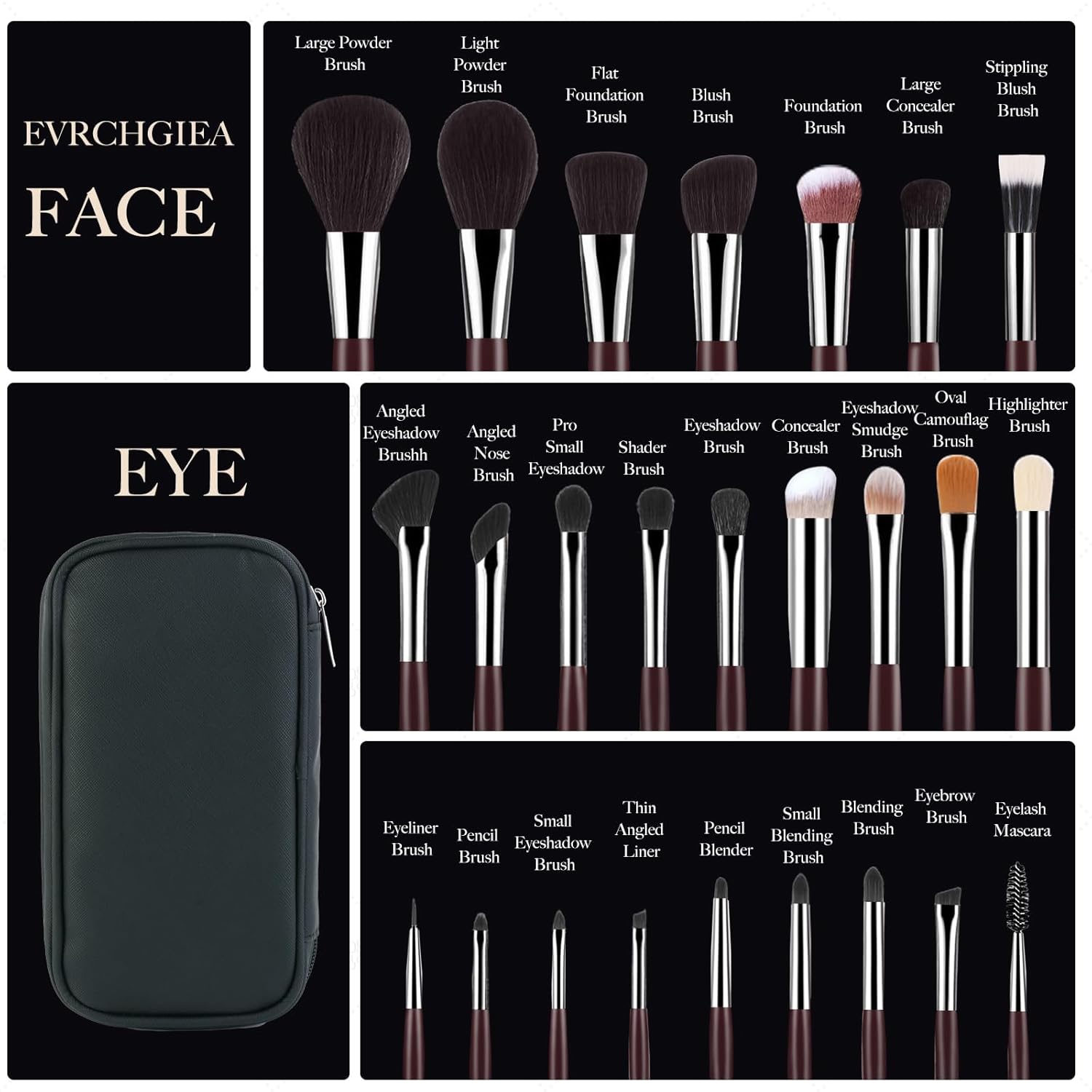 Professional Makeup Brush Set, 25Pcs Powder Foundation Blush Eyeshadow Brushes with Travel Case. All in One Brush Set, Soft Synthetic Vegan & Cruelty-Free (brown)