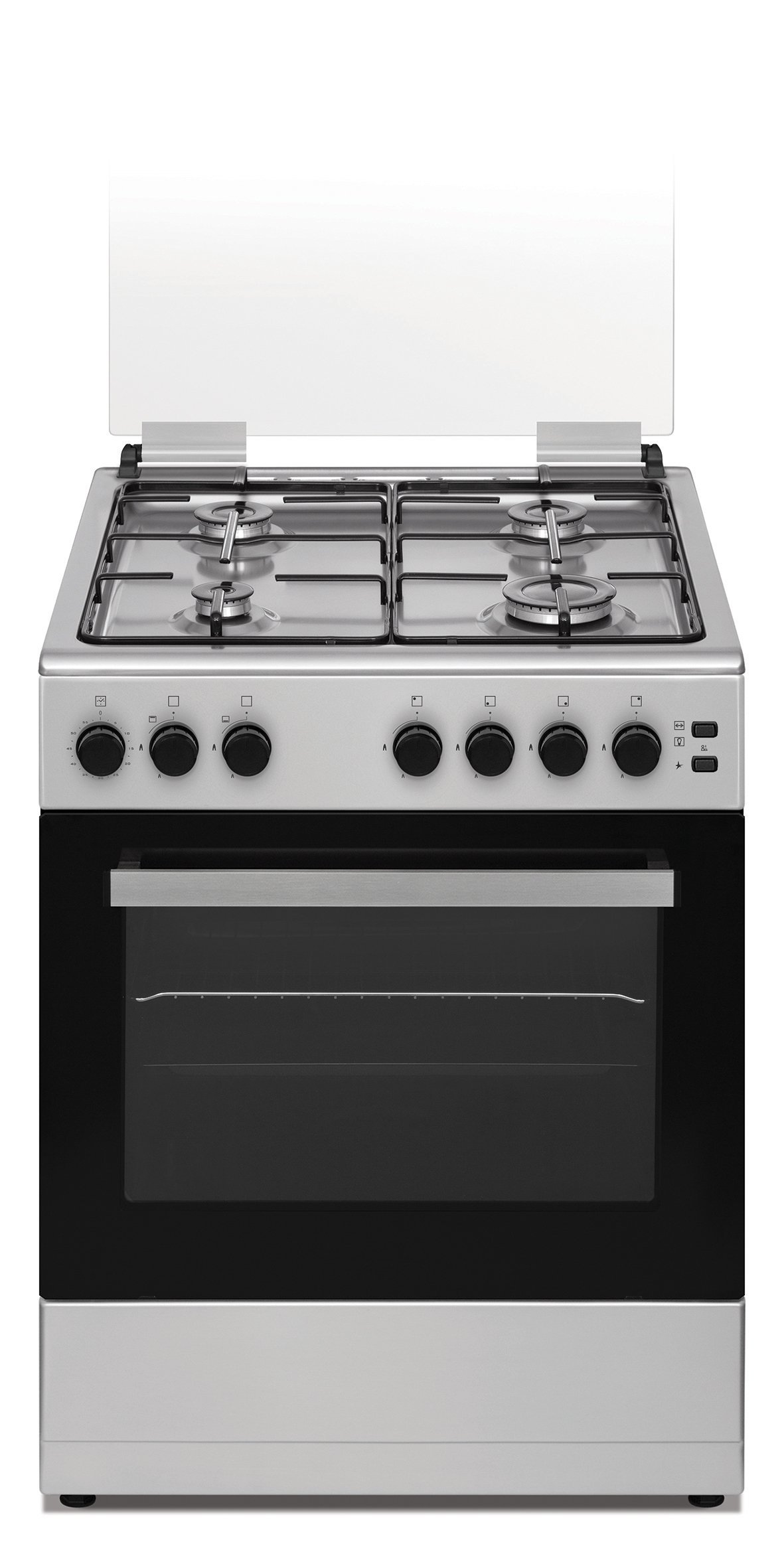 DAYA DSGC-6060E Cucina con Piano Cottura a Gas 4 Fuochi, Accensione a Pulsante, Forno Elettrico 62 Litri, 3 Programmi di Cottura, Colore Inox, 63 x 60 x 86 cm, 42Kg