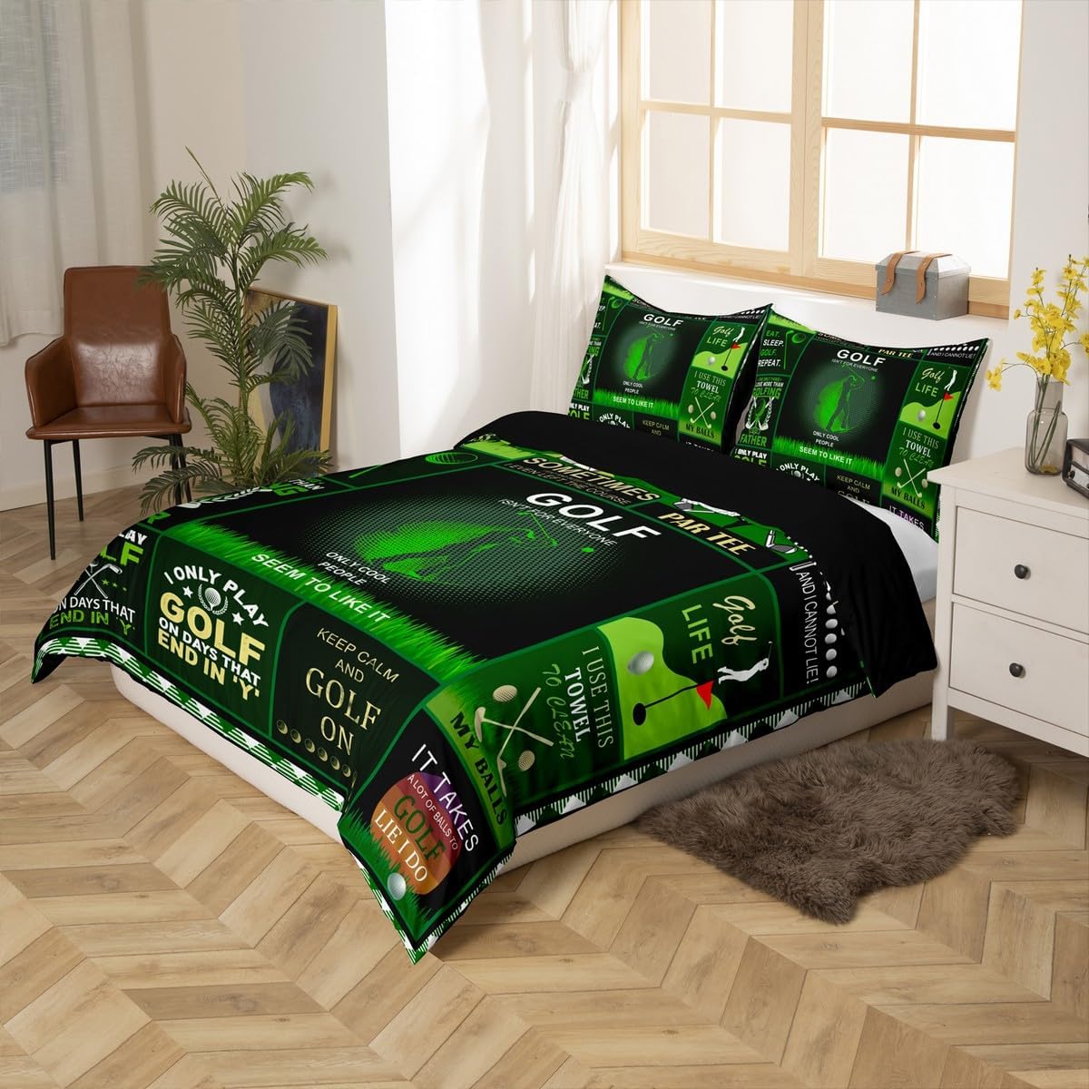 Men Golf Duvet Cover Set Queen Size Golf Ball Sports Theme Comforter Cover 3Pcs for Kids Boys Adult Bedroom Decor Green Patchwork Plaid Comforter Cover Modern Fashion Quilt Cover,2 Pillowcases