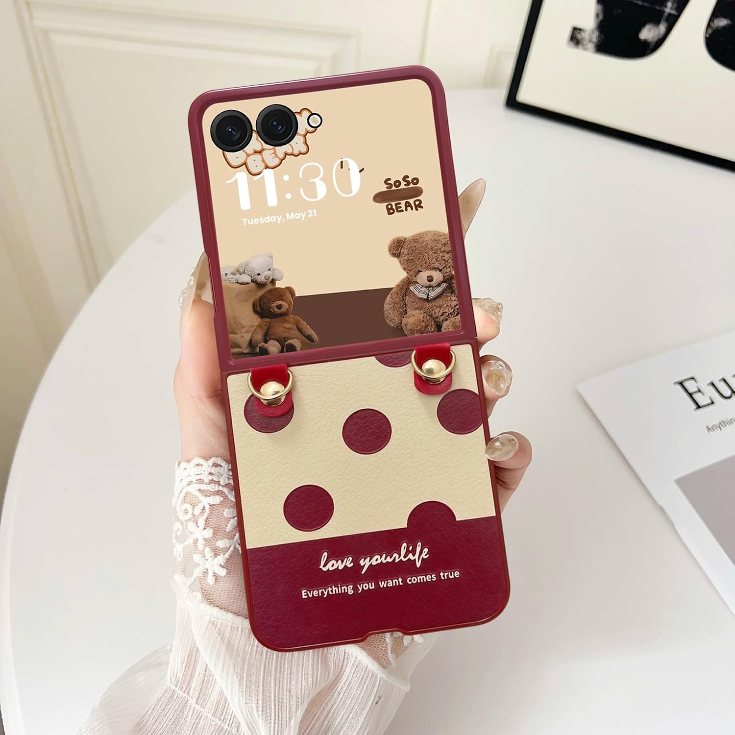 Red Case for Samsung Galaxy Z Flip 7 with Pearl Chain, Cute Stylish Design Z Flip 7 Phone Case for Women Girls, Shockproof Slim PU Leather Case for Galaxy Z Flip 7 (2025)