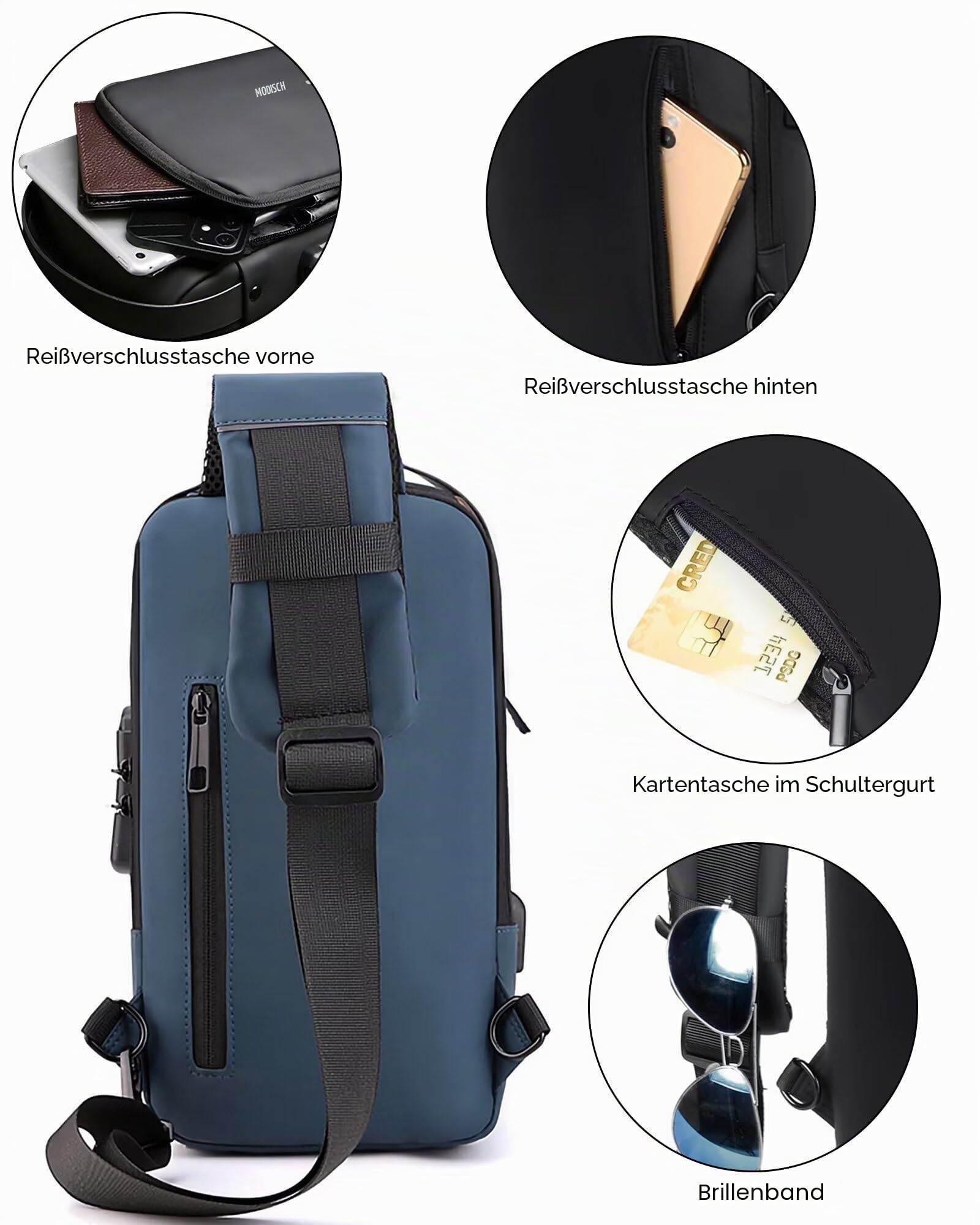 Umhängetaschen für Männer und Frauen, wasserdichte Brusttasche mit USB-Ladeanschluss Anti-Diebstahl-Schloss Crossbody-Rucksack Flex-Schultertasche für Wandern Radfahren Reisen (Blau-Gold)