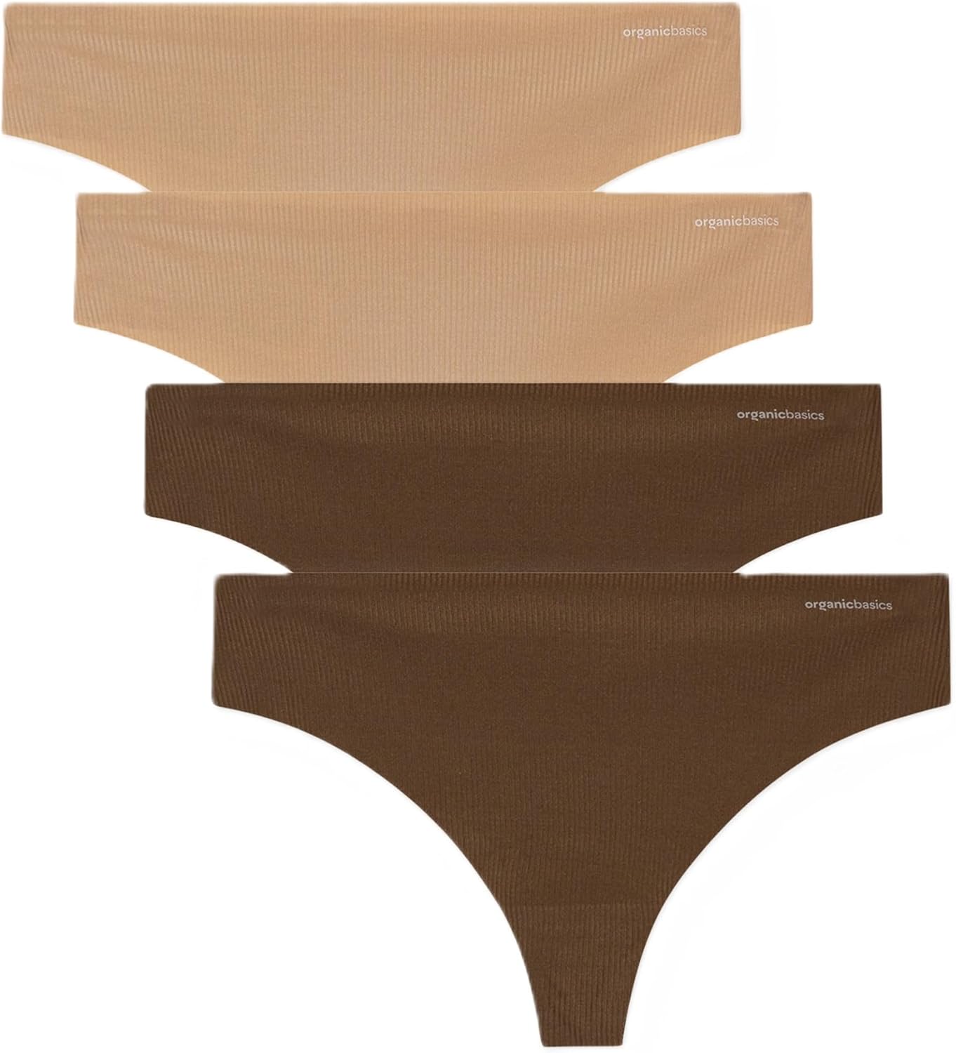 Organic Basics Womens Naked Rib Recycled Nylon Thong Underwear 4-Pack, Hazelnut/Hazelnut/Walnut/Walnut, X-Large