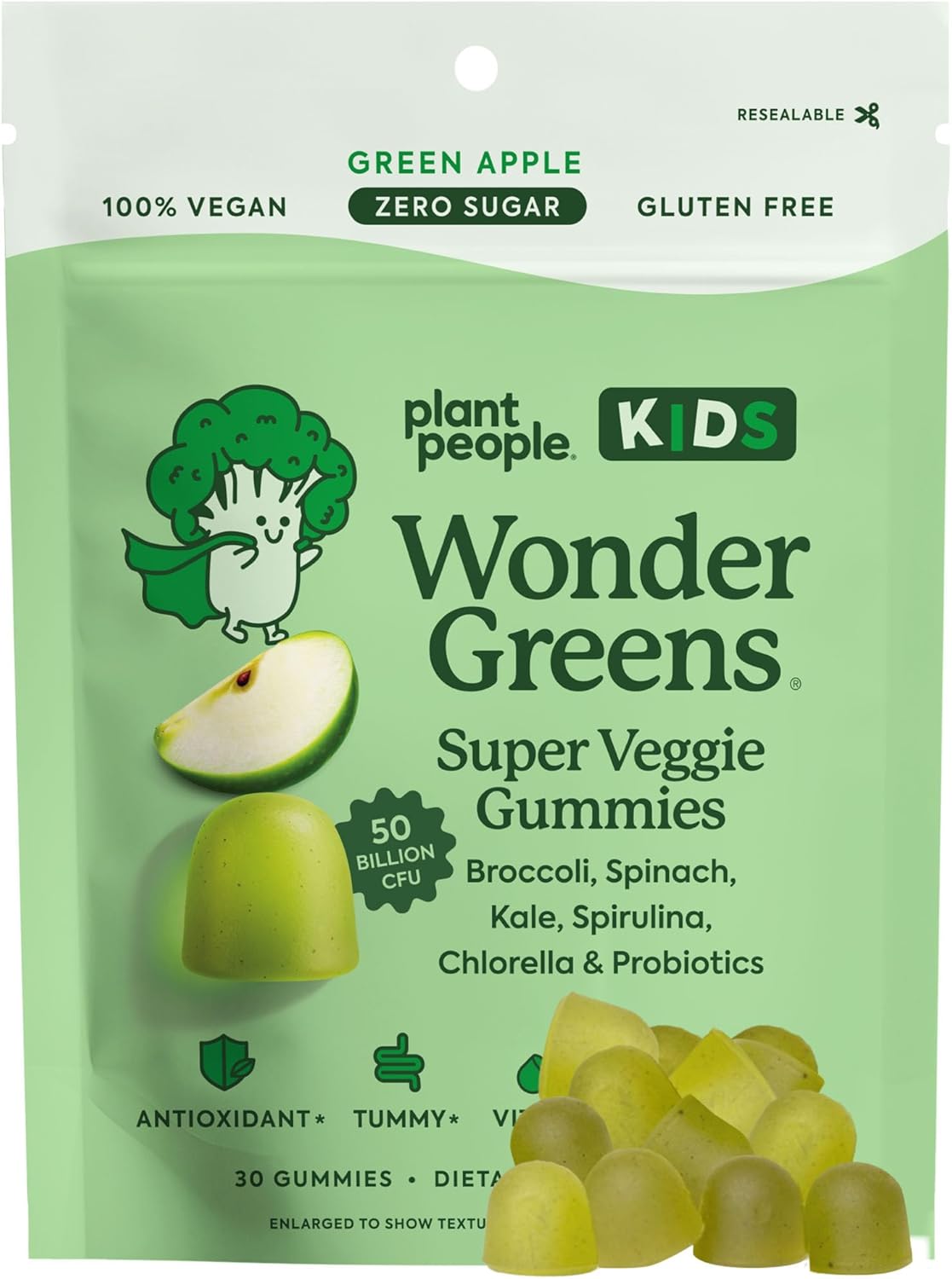 WonderGreens Kids Super Veggie Gummies – Sugar-Free, Allergen-Free Multivitamin for Picky Eaters with Probiotics – Tummy & Immune Support – Green Apple Flavor (30 Count)
