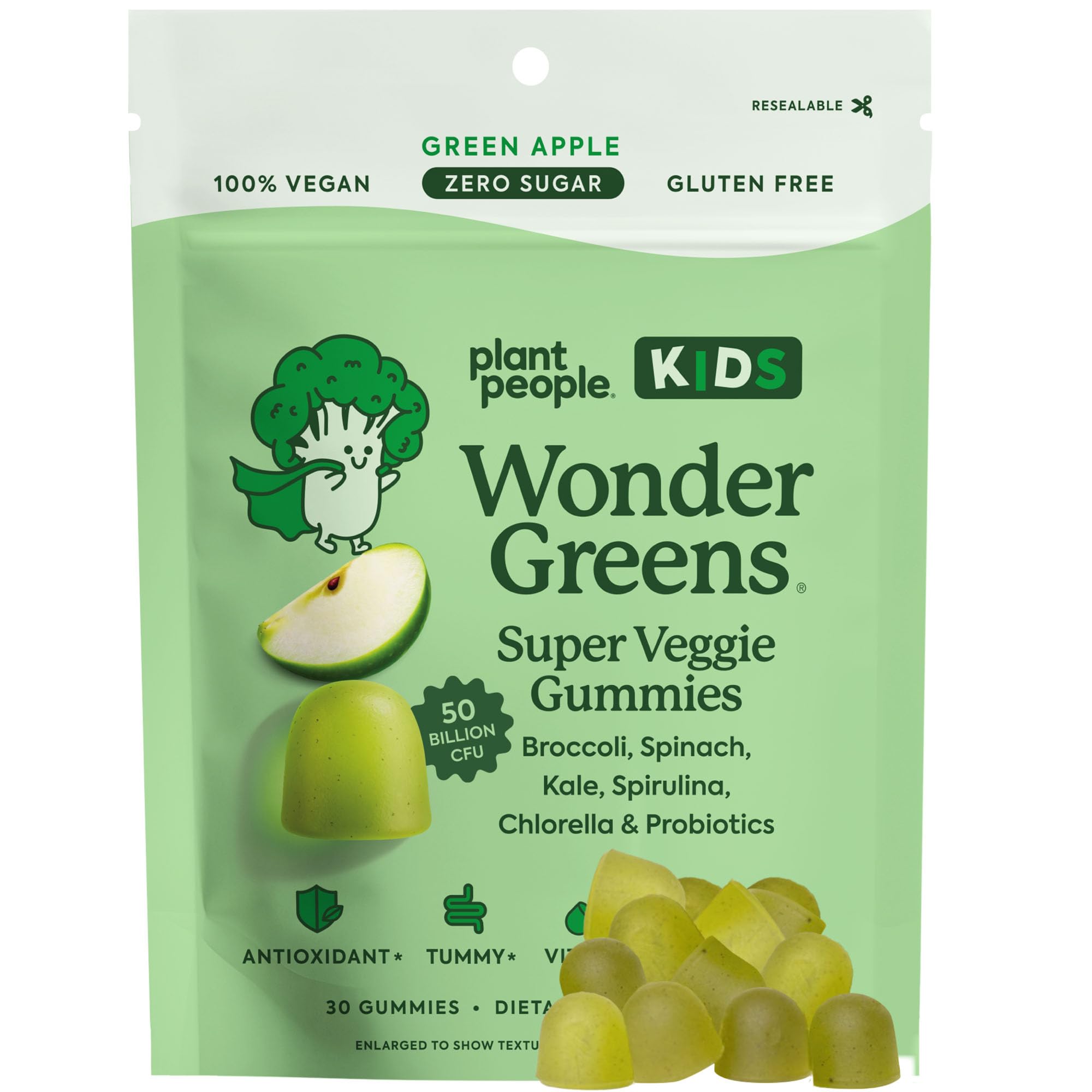 WonderGreens Kids Super Veggie Gummies – Sugar-Free, Allergen-Free Multivitamin for Picky Eaters with Probiotics – Tummy & Immune Support – Green Apple Flavor (30 Count)