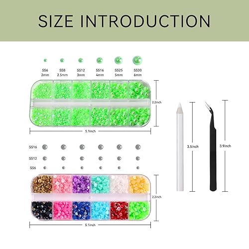 Vista 23 de Perlas para manualidades, 3600 unidades de diamantes de imitación de perlas de parte trasera plana mezcladas de 12 colores para uñas + medias perlas