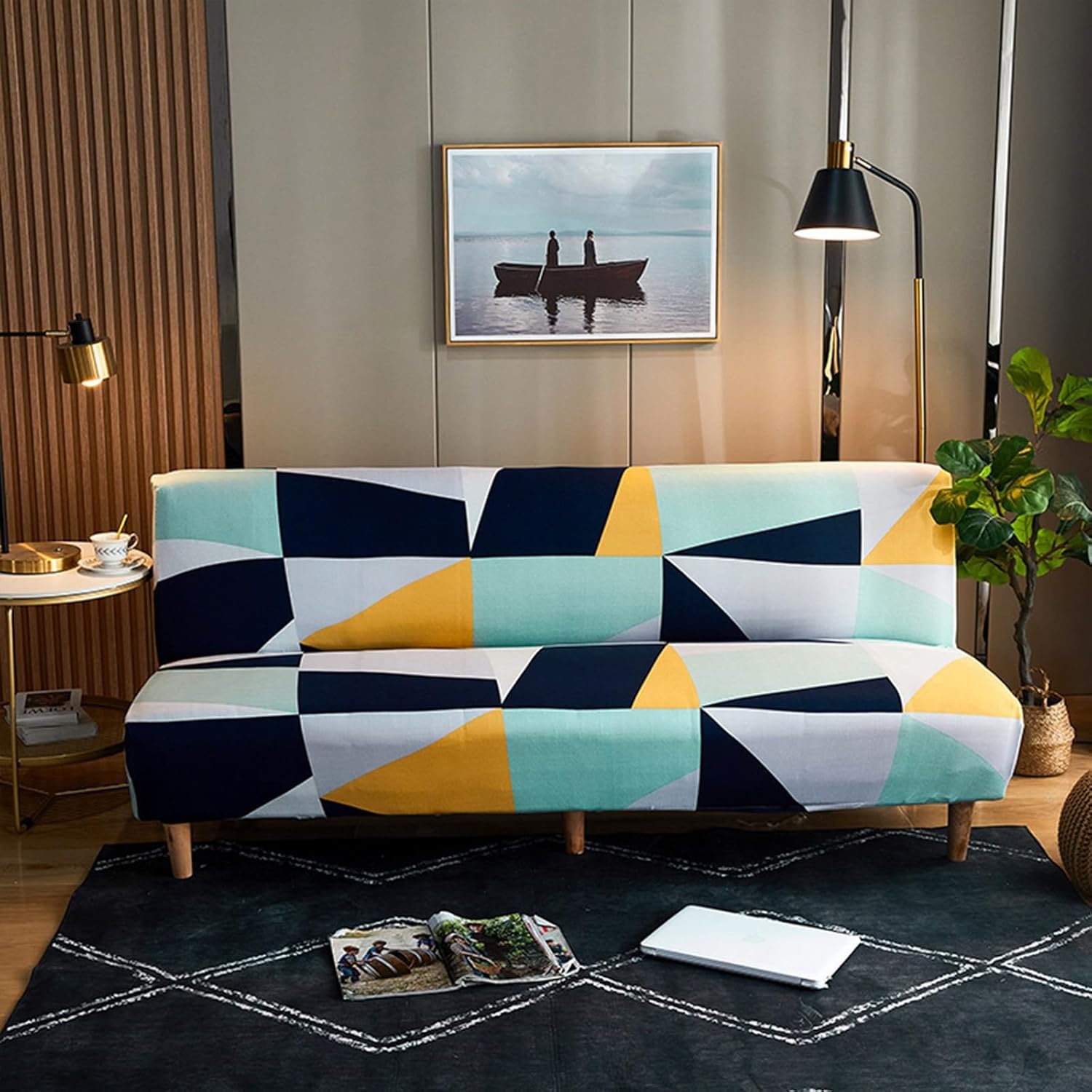 Pop Art Style Armless Sofa Cover Stretch Futon Covers Full Size with Elastic Bottom Sofa Bed Slipcover for Living Room F