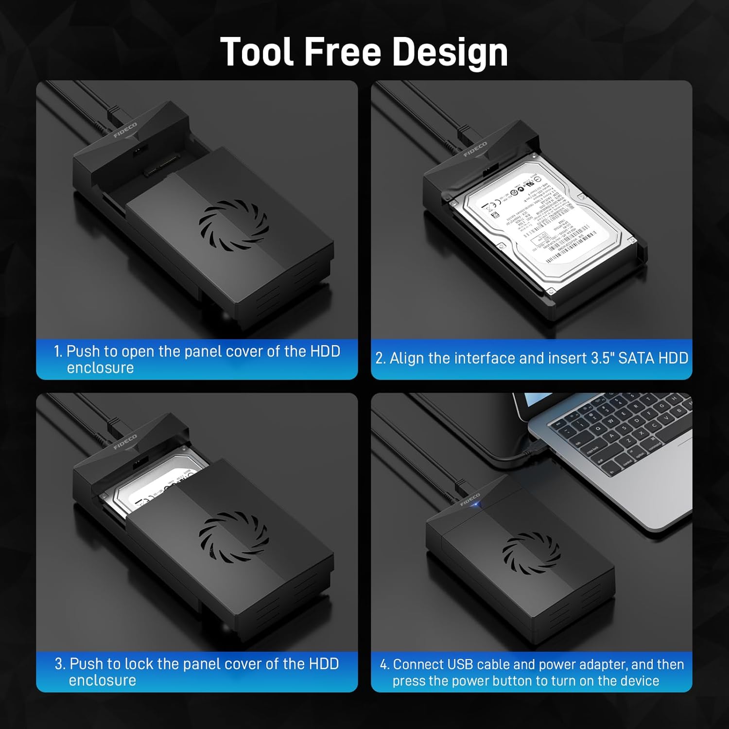 FIDECO Hard Drive Enclosure for 3.5 or 2.5 inch SATA HDD SSD, SATA to USB Adapter with Cooling Fan, External HDD Enclosure with 12V Power Adapter, Support UASP, Tool-Free, Plug and Play - Image 8