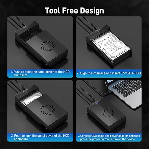 Miniatura 8 de FIDECO Caja de disco duro para disco duro SATA HDD SSD de 3,5 o 2,5 pulgadas, adaptador SATA a USB con ventilador de refrigeración, carcasa externa