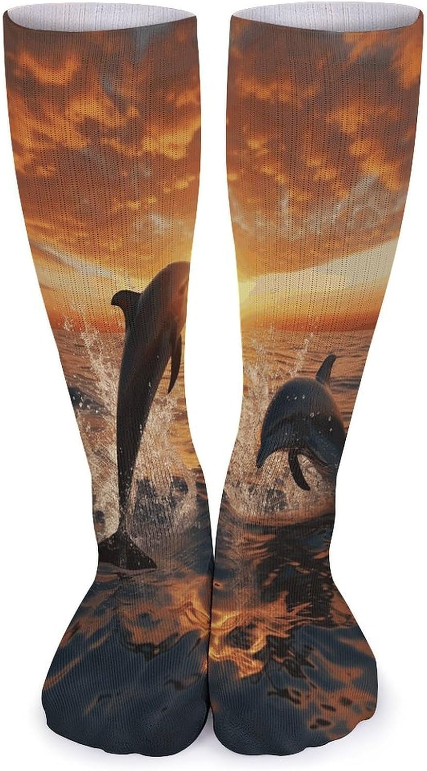 Dolphins Jumping Out of The Water at Sunset Crew Socks Cozy Casual Calf Socks Lightweight Long Work Sock Breathable Athletic Sock for Hiking Sports Running 5 Pairs