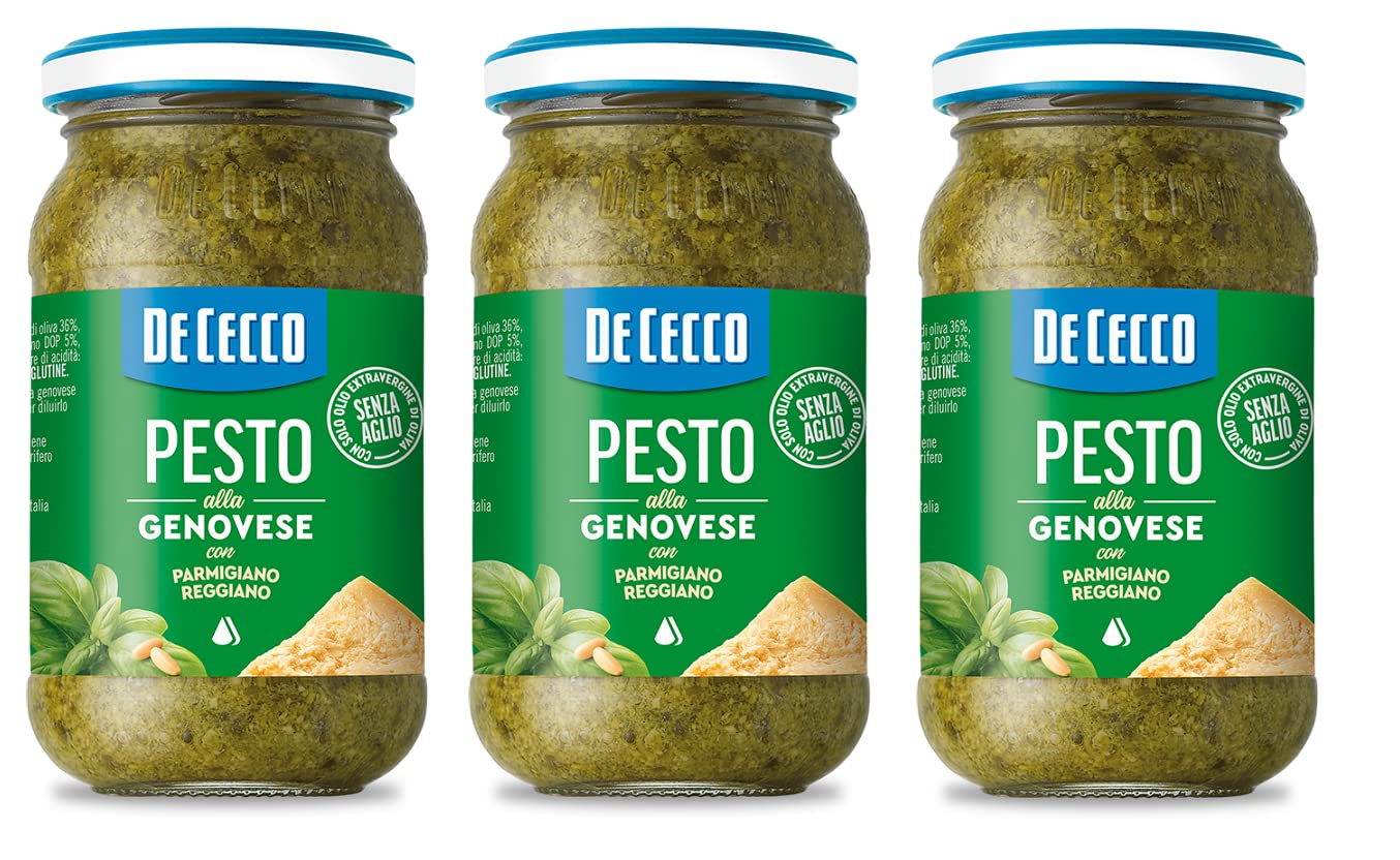 3 x De Cecco Pesto alla Genovese con Parmigiano Reggiano senza aglio Pesto con albahaca fresca, Parmigiano Reggiano sin ajo 190 g Salsa italiana