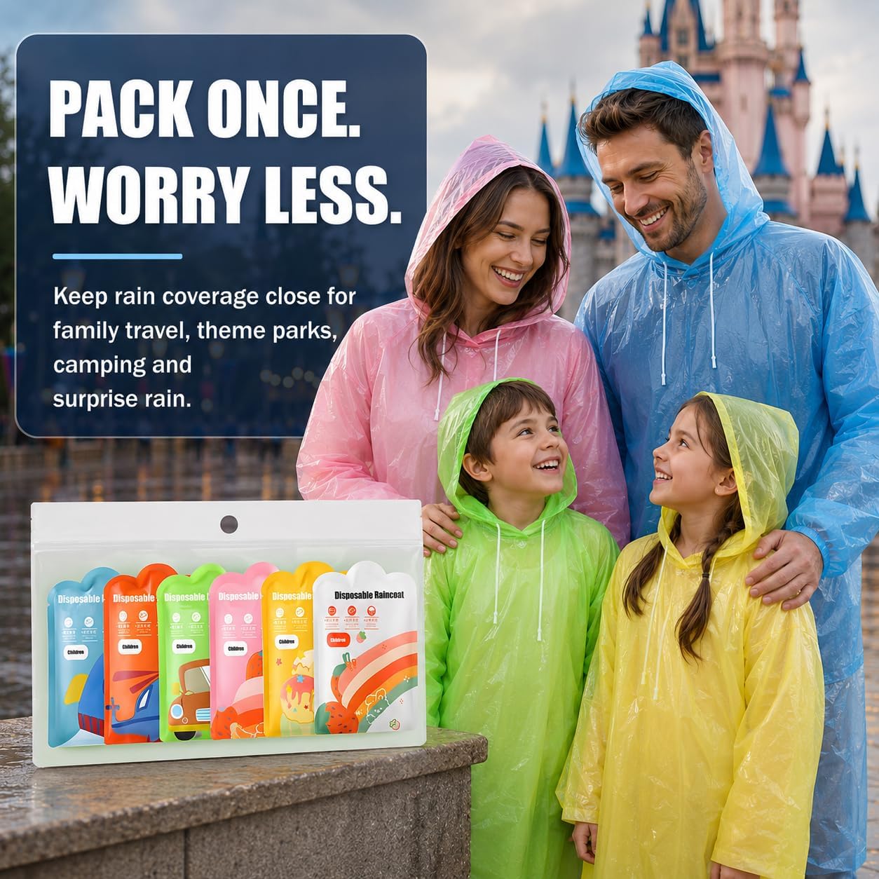 Disposable Raincoat 7 Packs – 7 Colors, Ultra-Compact Waterproof Ponchos with Windproof Hood & Elastic Cuffs