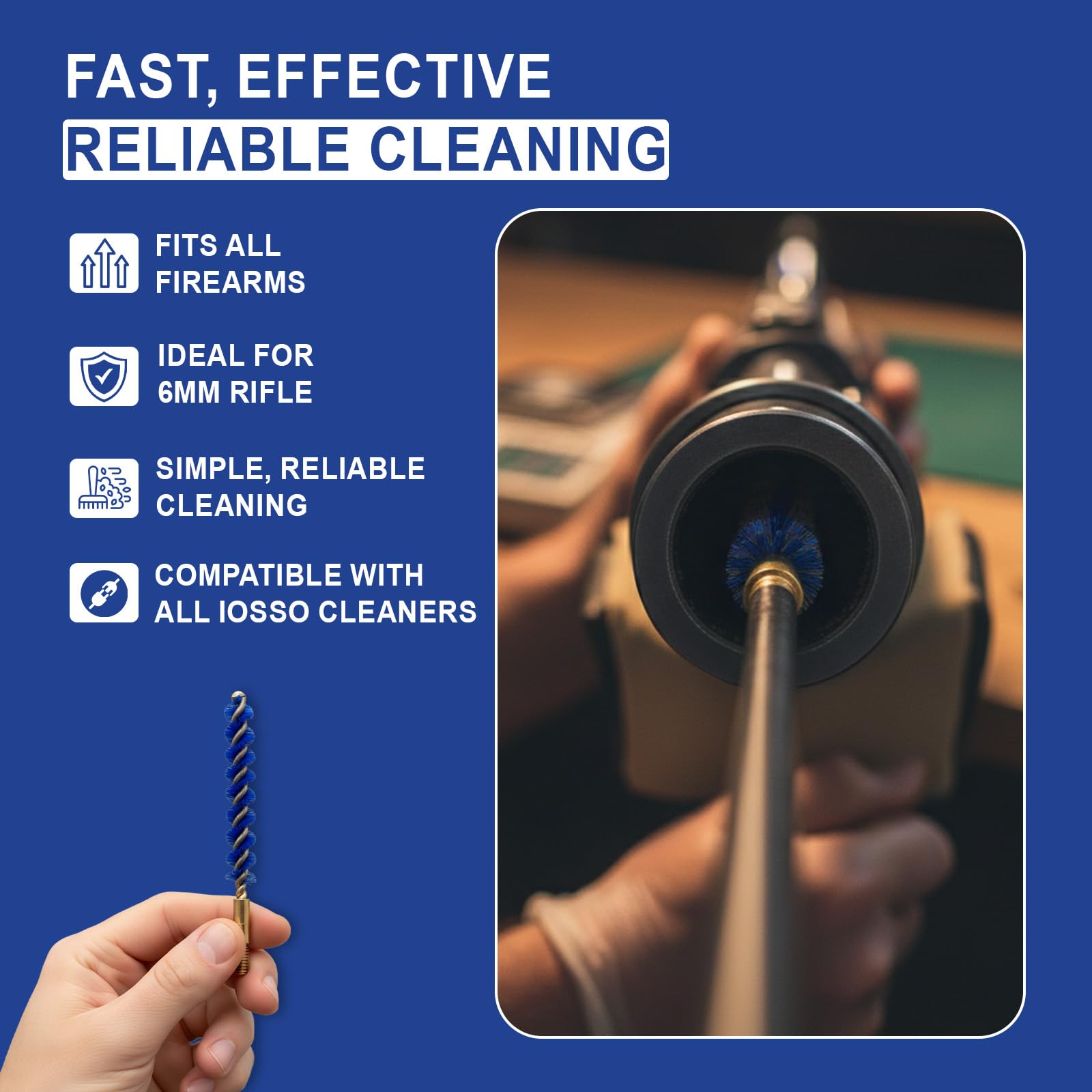 Iosso Premium Bore Brush – Blue Synthetic Fiber – Durable, Long-Lasting Tool for Gun Maintenance – Made in USA Bore Cleaning Brush (6mm/.243/.25 Cal Rifle BORE Brush)