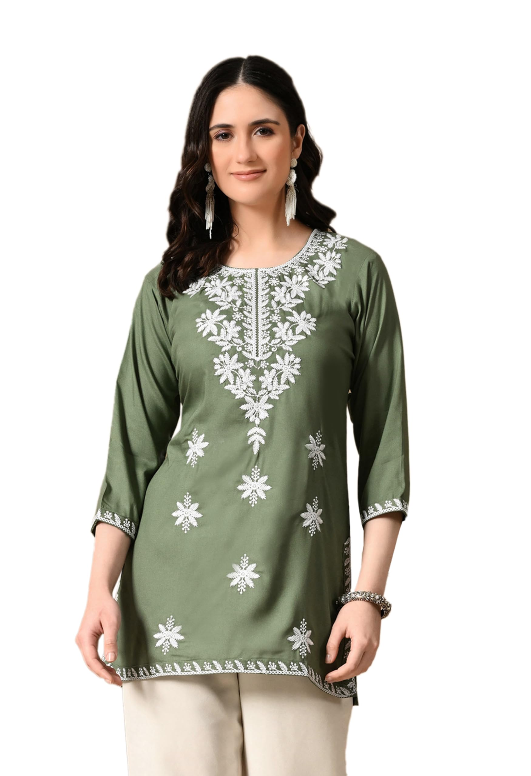 Women's Chikankari Embroidered Short Kurti, Rayon Fabric, Three-Quarter Sleeves, Available in Pink, Black, Mustard Yellow, White, Pista and Green-image-24