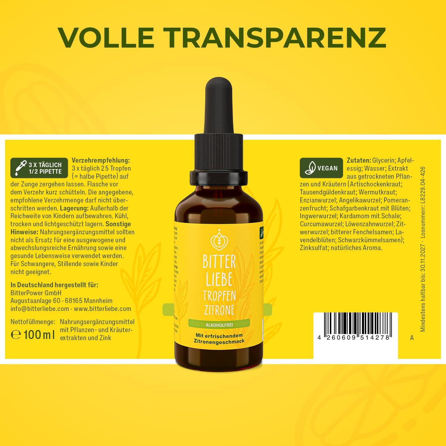 BitterLiebe - Bittertropfen Zitrone ohne Alkohol 100ml - Bitterstoffe Tropfen mit Zink und Zitronengeschmack - nach Hildegard von Bingen - vegan & alkoholfrei - in Deutschland hergestellt