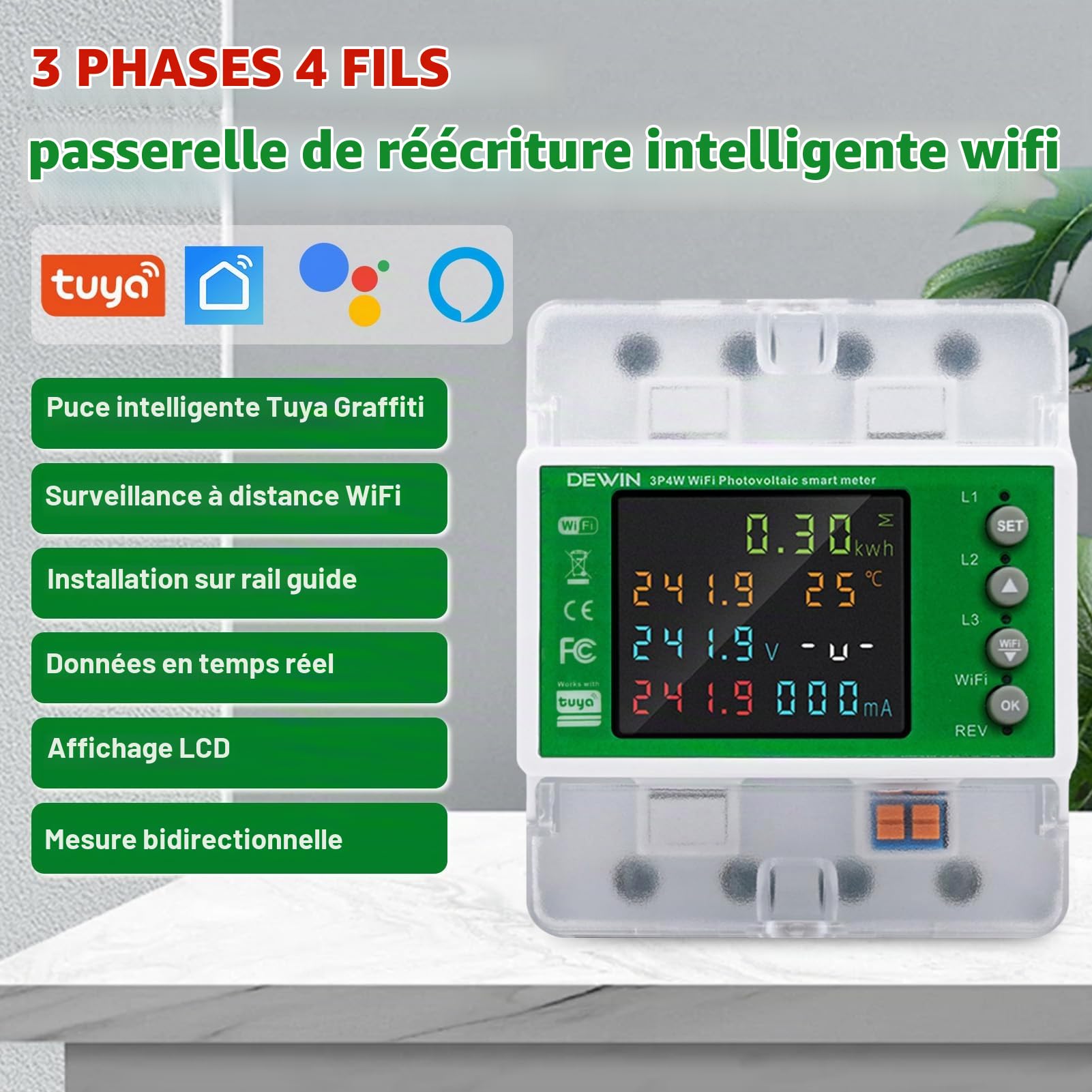 Compteur Electrique Triphasé WiFi, 4P 380V AC Interrupteur d'alimentation Intelligent, Compteur Electrique Triphasé Connecté avec application Tuya, 100 A
