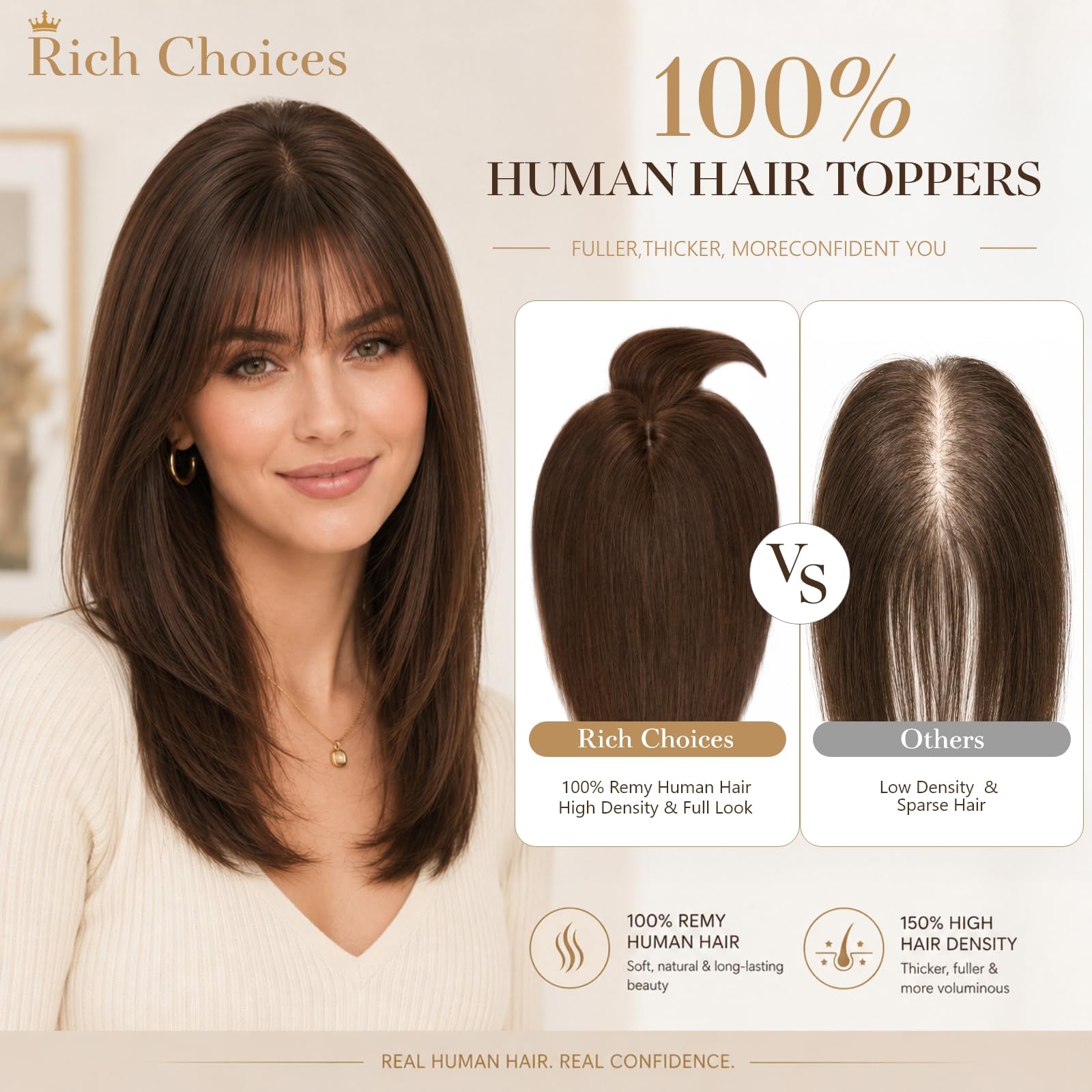 Rich Choices Clip in Pony Haarteile Echthaar für Damen 360°3D‑Abdeckung Haartopper Remy Human Hair Topper Echthaar Oberkopf Haarteile mit Pony 40cm #12/613 Sandblond mit Platinblond