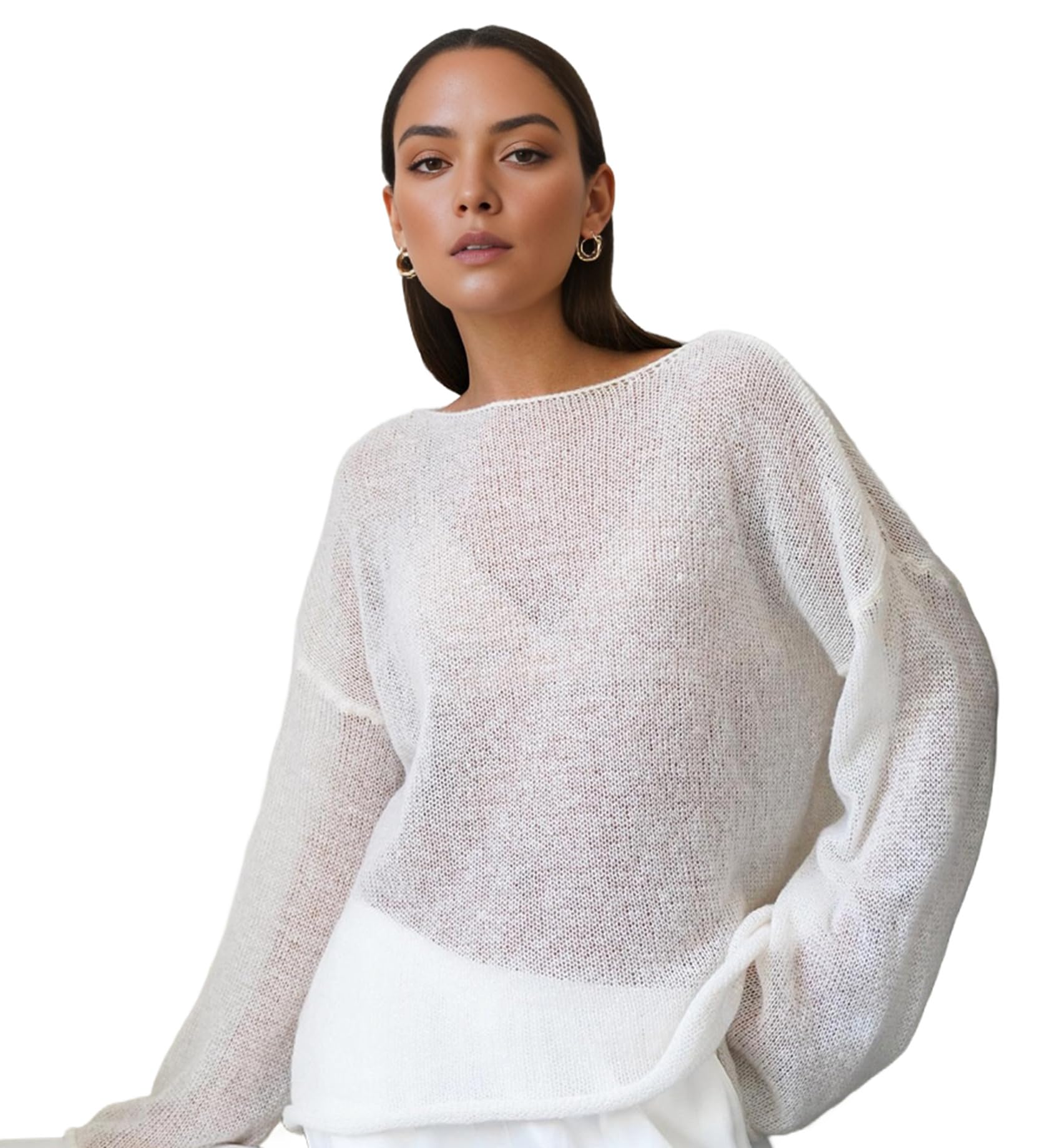Eighosee Women's White Oversized Long Sleeve Sheer Mesh Knit Sweater Tops Y2k Summer Loose Hollow Out Pullover Jumper Shirt Beach M