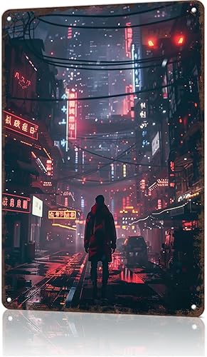 Neon Dreams In Cyber City Vintage City Landscape Metal Tin Sign, Retro Travel Tin Signs Posters For Man Cave Bar Garage Car Room Streets Wall Decor