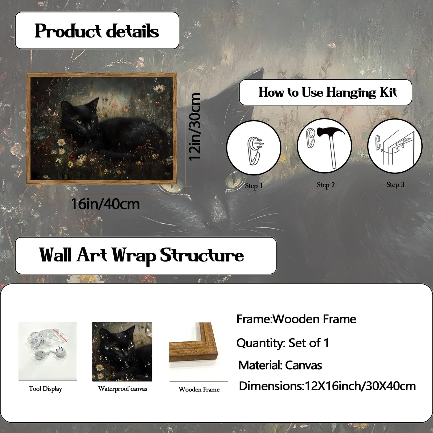 Framed Vintage Black Cat Canvas Wall Art, Gothic Dark Academia Cat Pictures Wall Decor, Moody Floral Animal Paintings Prints Cottagecore Home Decor for Living Room Bedroom Bathroom 12x16 inch