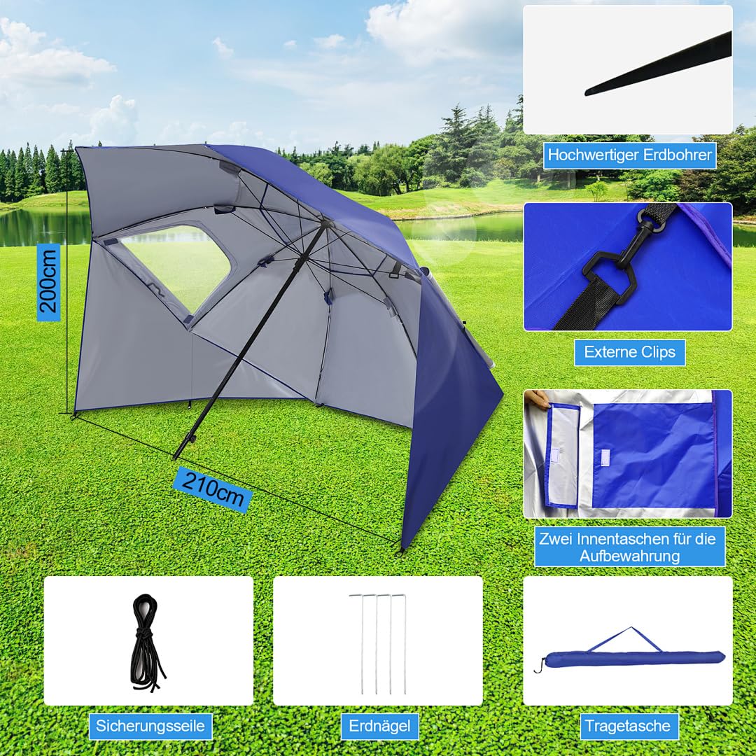 Parasol przeciwsłoneczny, namiot plażowy 2 w 1, UV50+, Ø 210 x 220 cm, dla 2-4 osób, składany, z oknem, śledziami i torbą do noszenia, ochrona przed wiatrem, na plażę, do ogrodu, na kemping