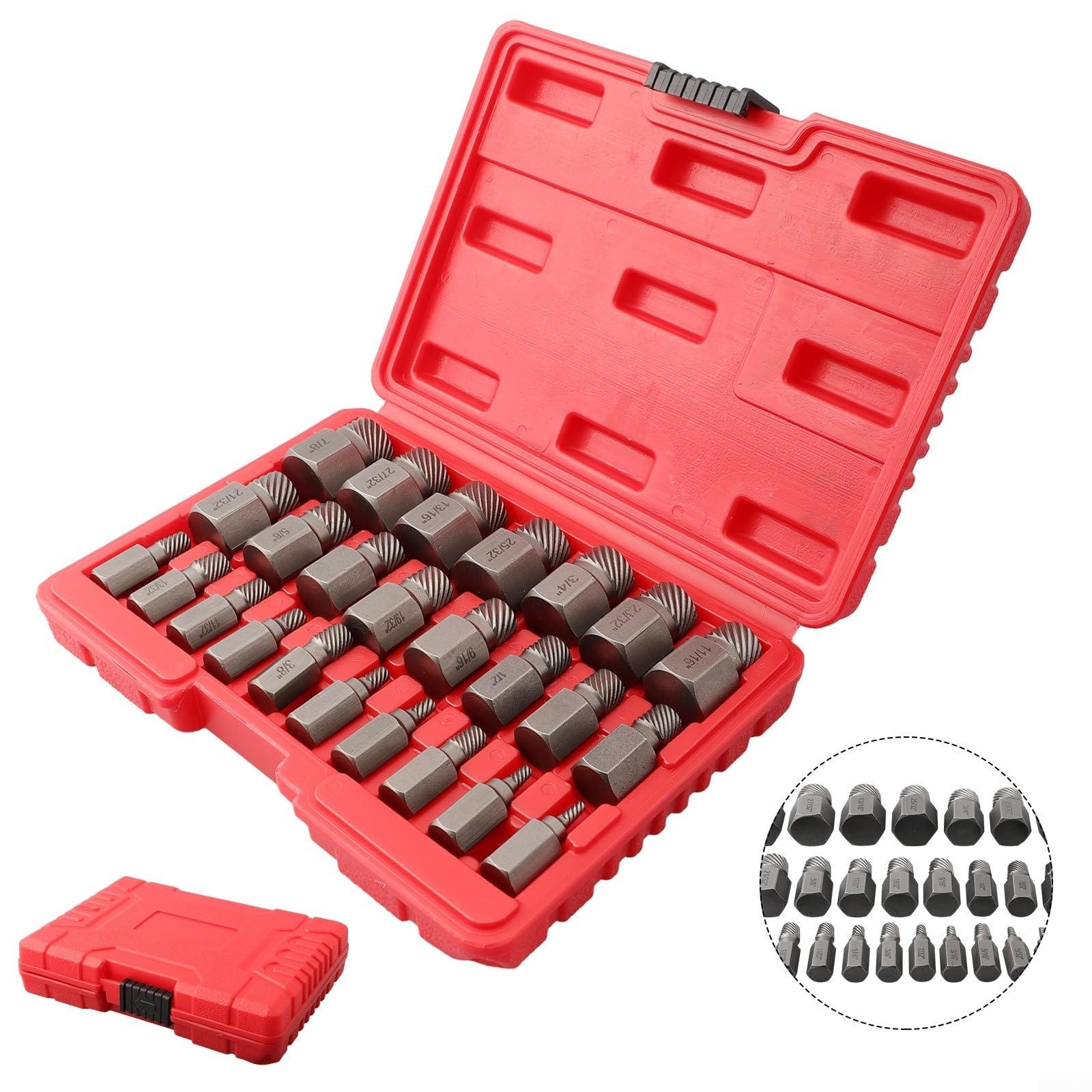 Juego de 25 extractores de tornillos hexagonales, removedor de pernos de acero de alto carbono para tornillos dañados redondeados pelados, diseño en espiral para zurdos para reparación de automóviles