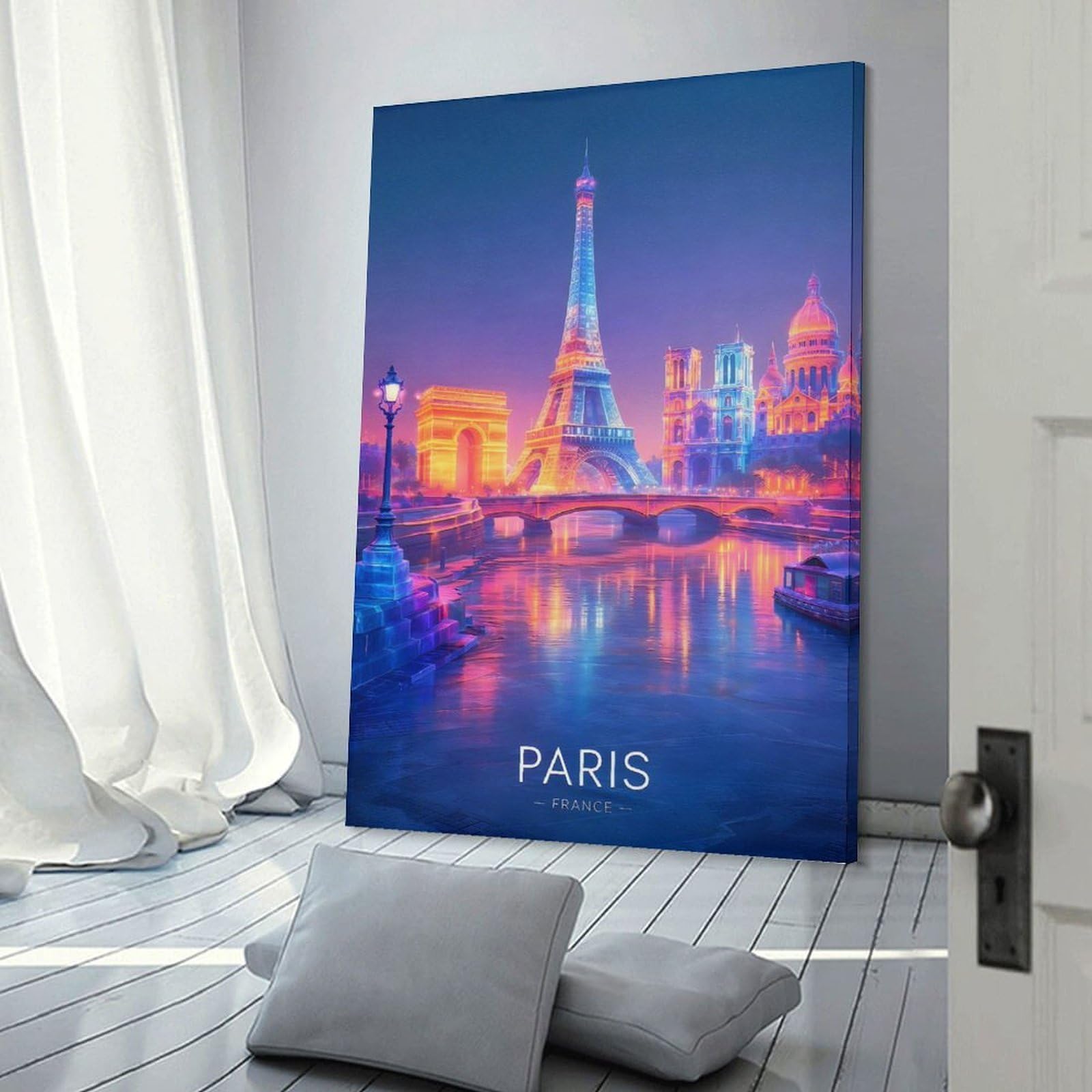 Junmoney Parisian Nightscape with Landmarks Home Decor Wall Art 16x24inch(40x60cm), for Lounge, Study, Hallway Or Flat Walls, Stylish Home Artwork for Focal Walls