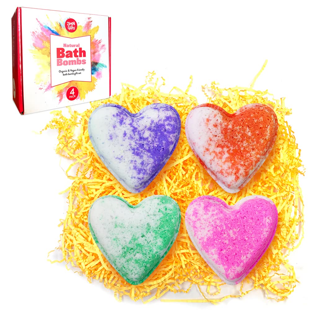 4 x Large UK Made Love Heart Bath Bombs Gift Set, Valentine's Day Present for Her, Women, Girlfriend, Wife, Mother's Day Gifts