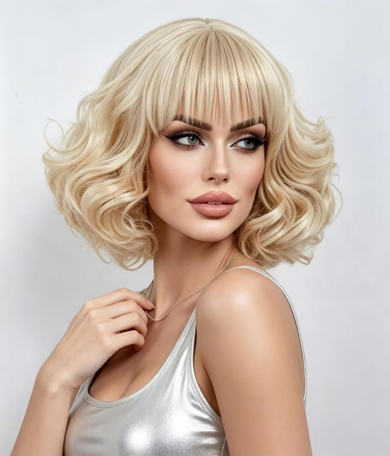 Rugelyss Short Curly Wavy Blonde Wig with Bangs Synthetic Hair Wigs for Women for Cosplay or Party