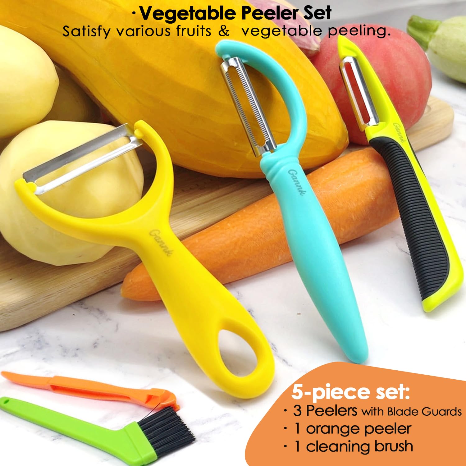 GANNK Pelador de patatas y verduras para cocina, cuchillas de acero inoxidable ultra afiladas, fácil de pelar, manzana, fruta, verduras, zanahoria, pepino, con pelador de naranja, apto para