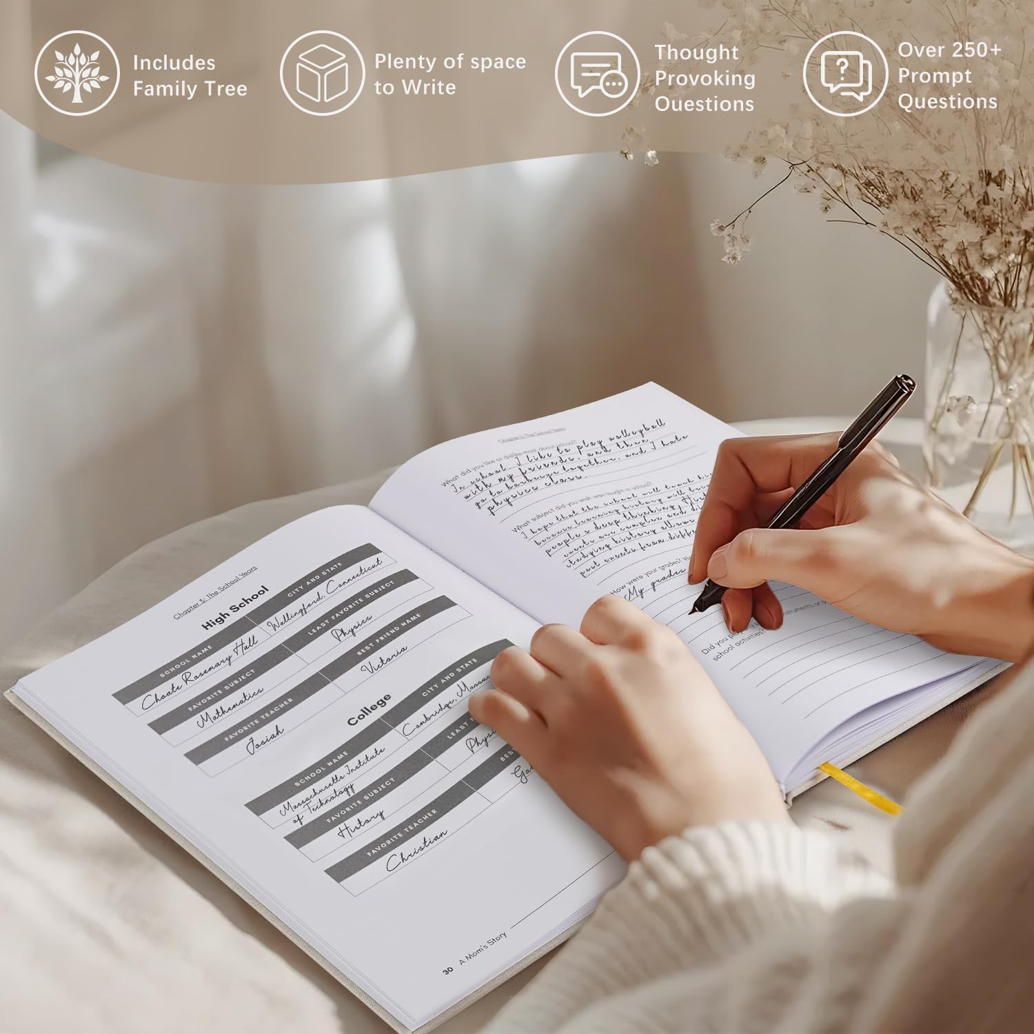 Artmag Mom's Life Story Journal Family Keepsake Book Linen Hardcover for Mom to Share Her Memories, with 250+ Prompt Questions Book Gift for Birthday Mother's Day Christmas (Pink) - Image 5