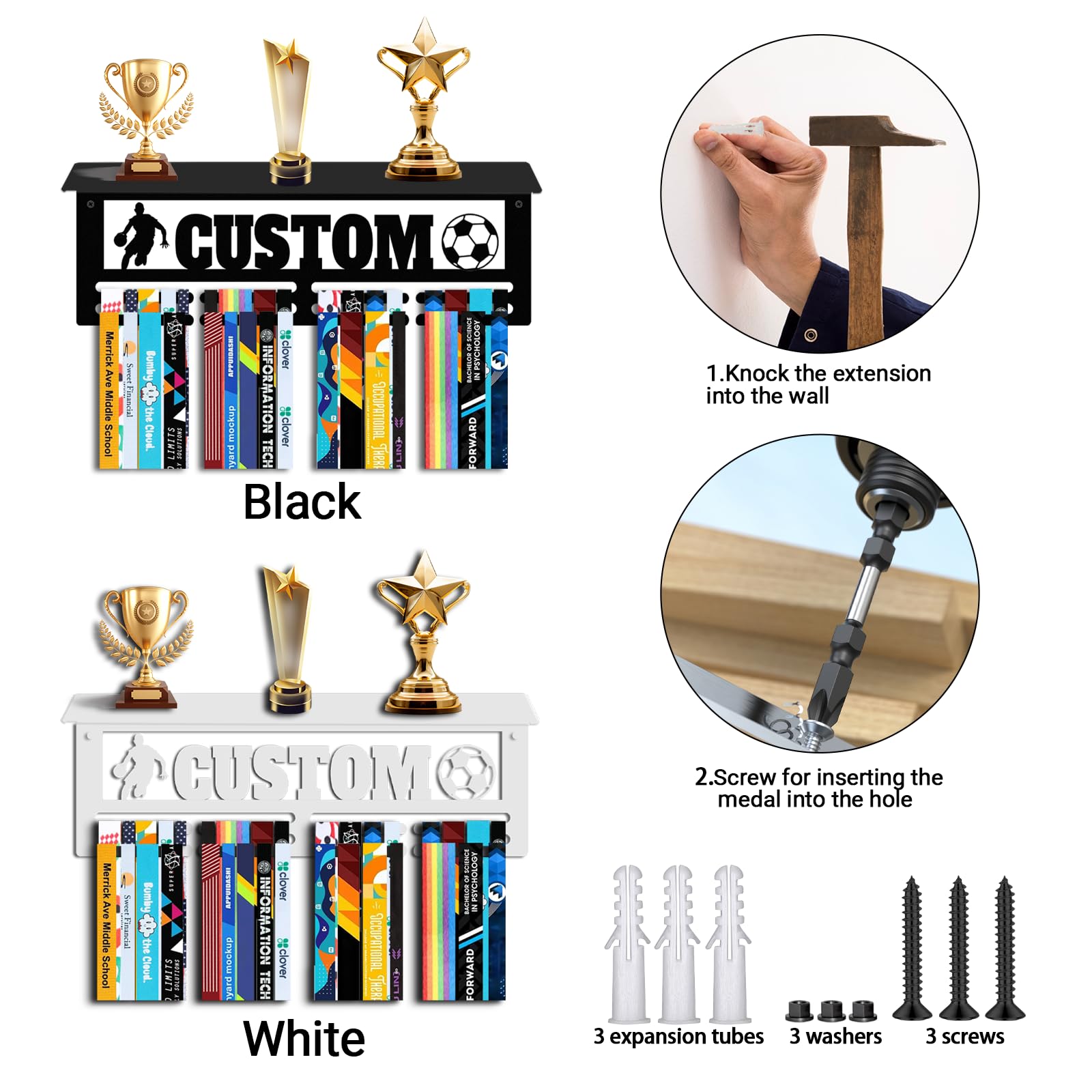 Perchero de medallas personalizado de acero, estante para premios y cintas, soporte de pared con diseño de nombre y deporte